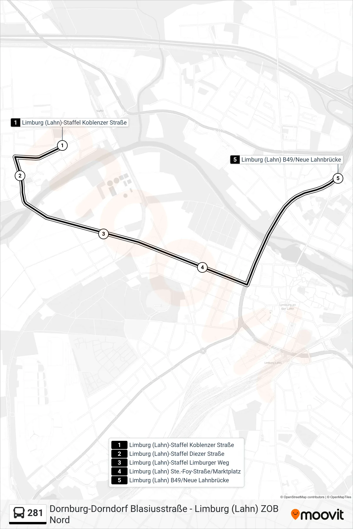 281 bus Line (Limburg (Lahn) B49/Neue Lahnbrücke) route and stops on a map