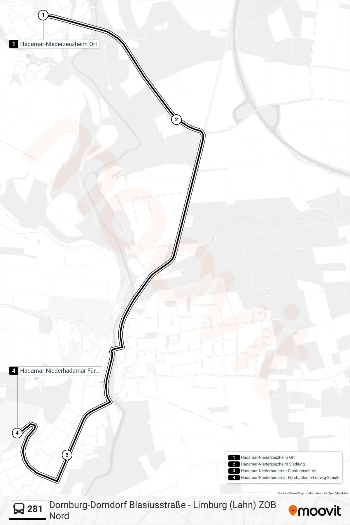 281 bus Line (Hadamar-Niederhadamar Fürst-Johann-Ludwig-Schule) route and stops on a map