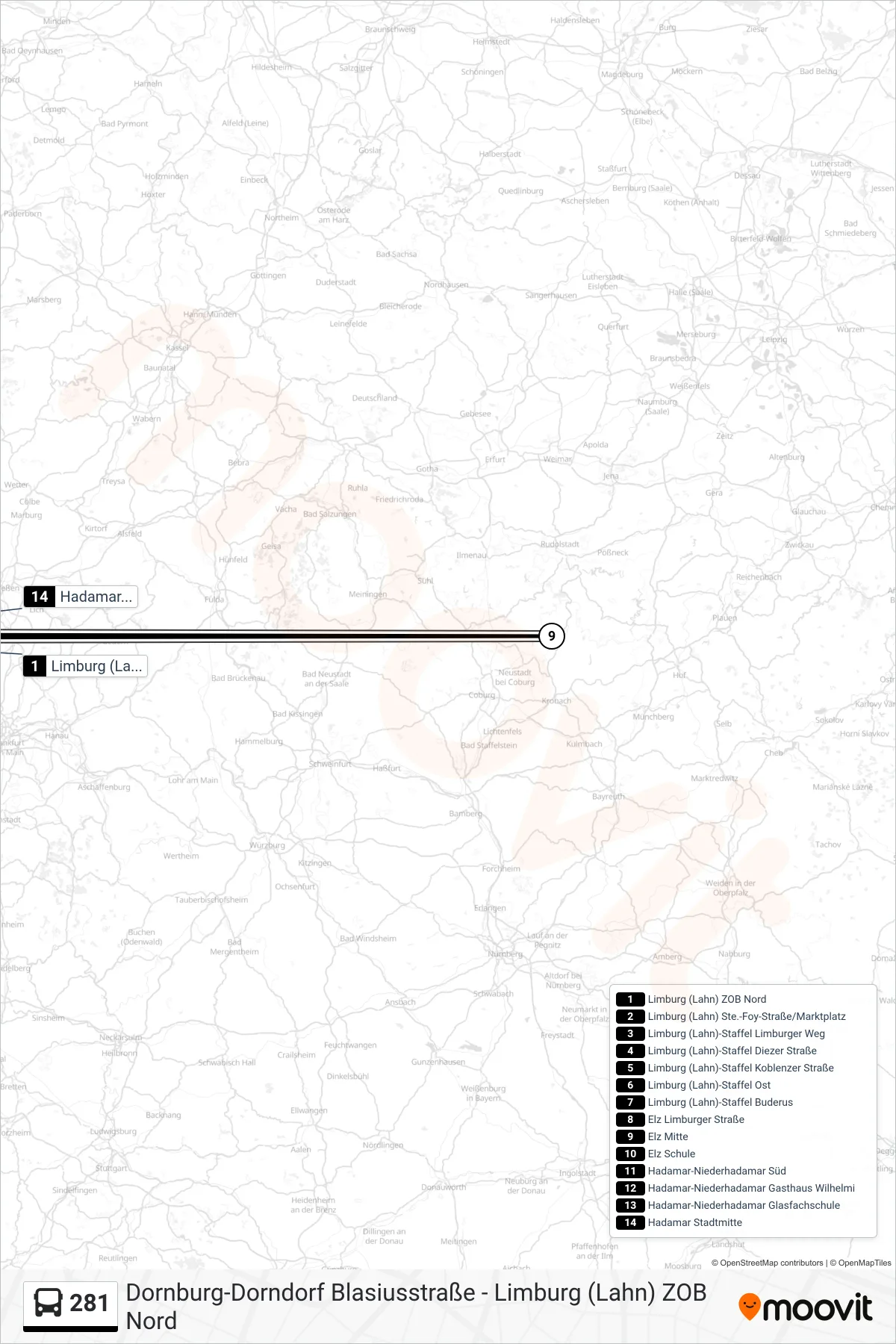 281 bus Line (Hadamar Stadtmitte) route and stops on a map