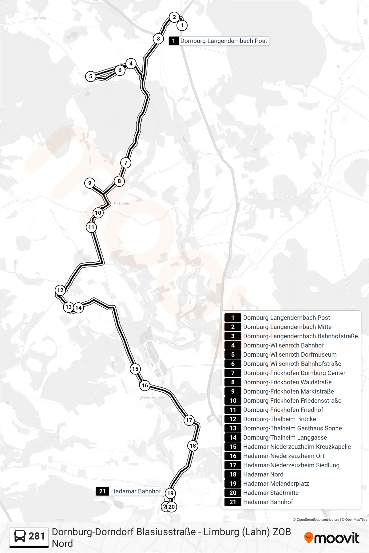 281 bus Line (Hadamar Bahnhof) route and stops on a map