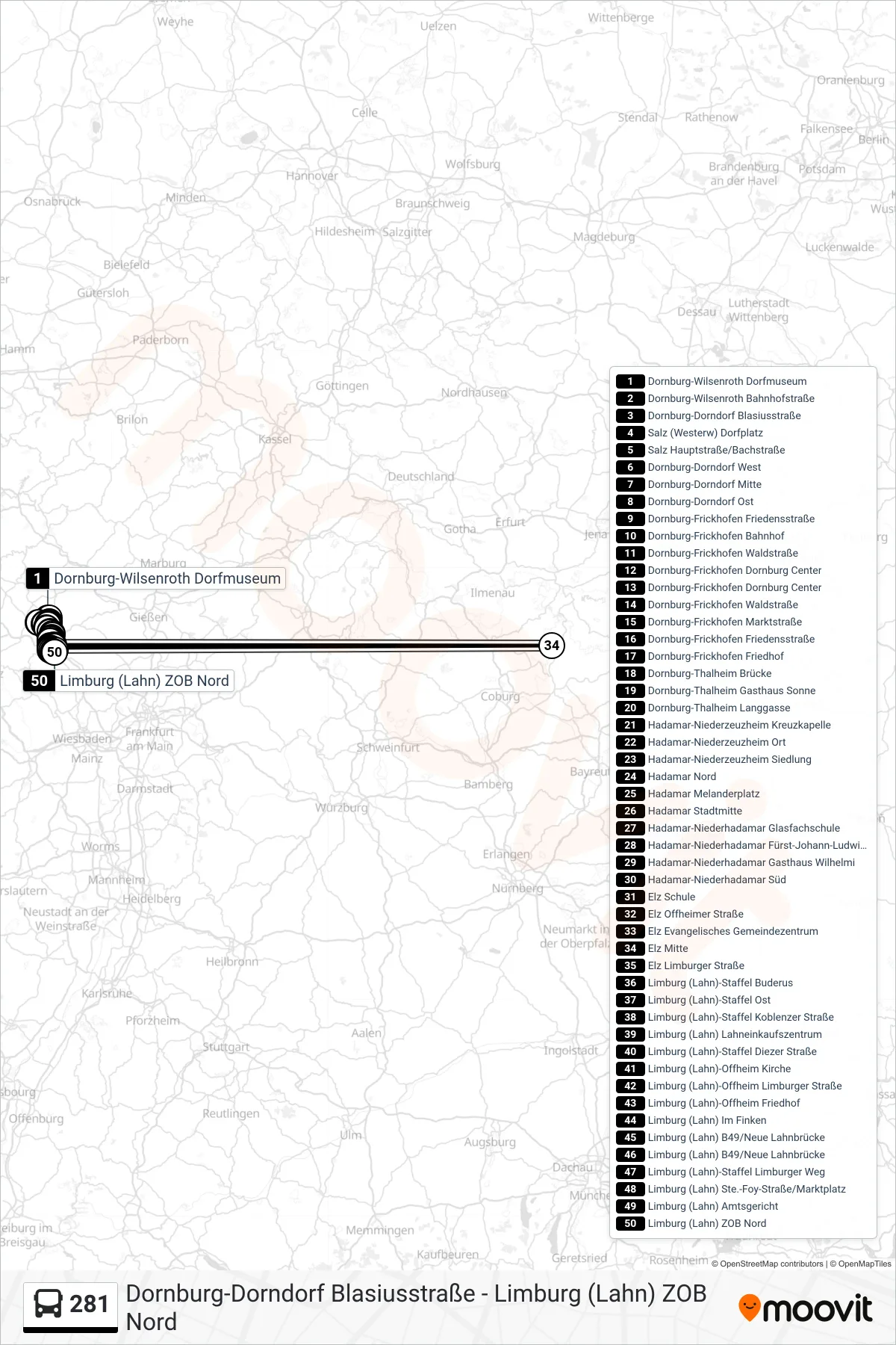 281 bus Line (Limburg (Lahn) ZOB Nord) route and stops on a map