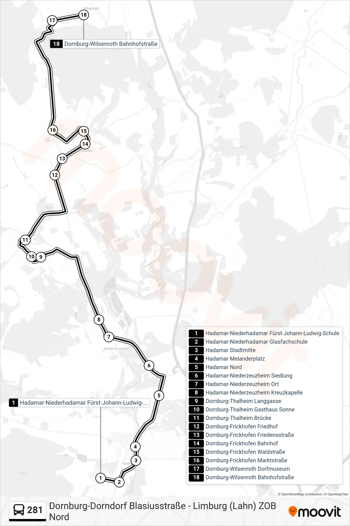 281 bus Line (Dornburg-Wilsenroth Bahnhofstraße) route and stops on a map