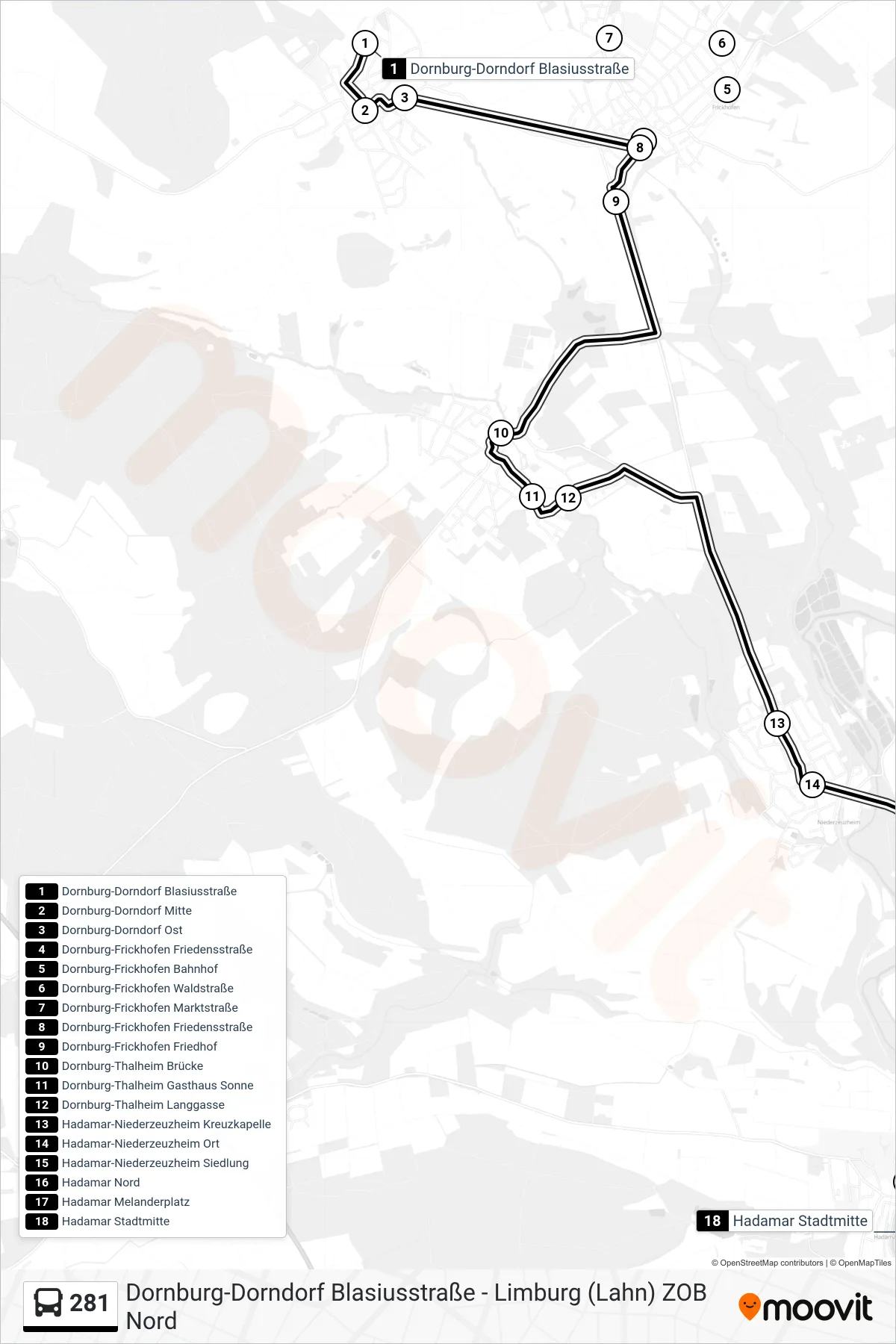 281 bus Line (Hadamar Stadtmitte) route and stops on a map