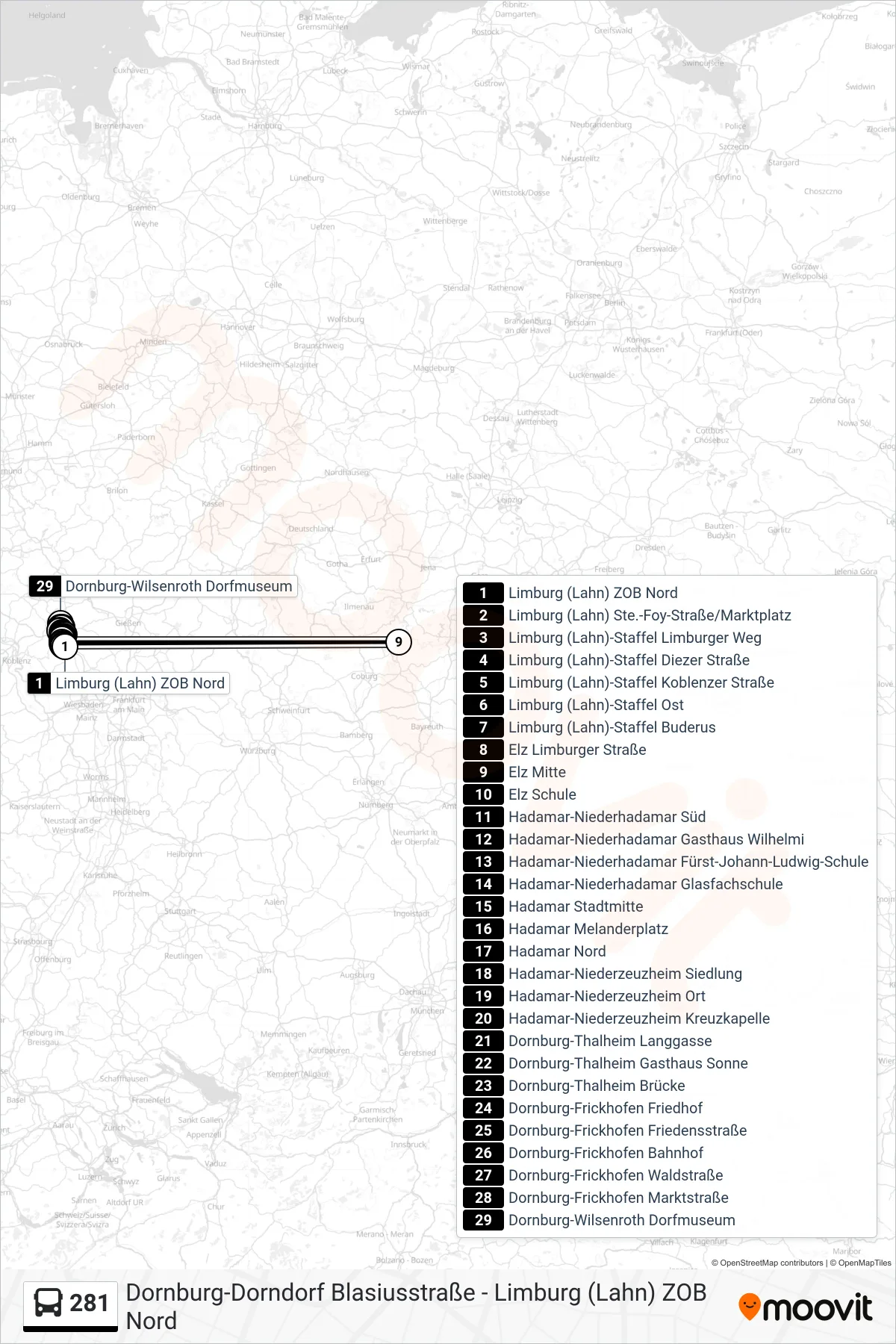 281 bus Line (Dornburg-Wilsenroth Dorfmuseum) route and stops on a map