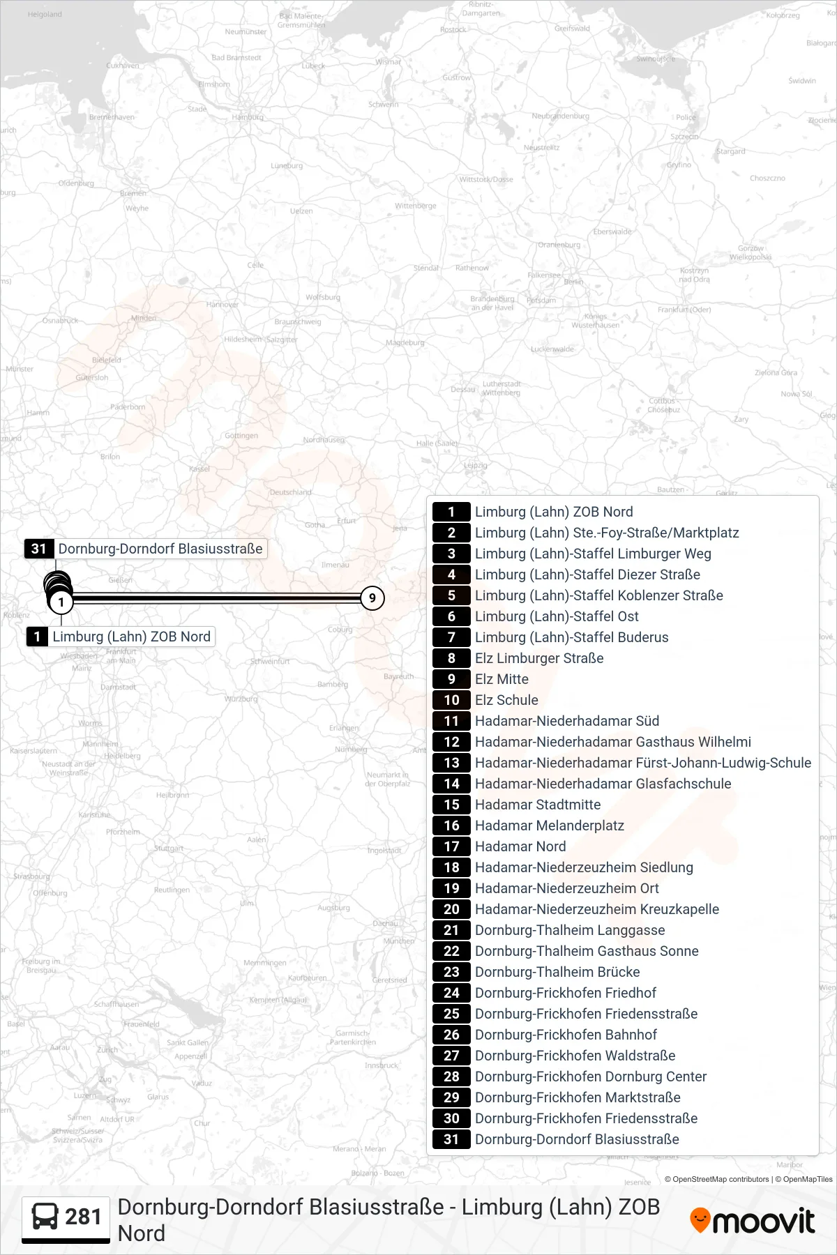 281 bus Line (Dornburg-Dorndorf Blasiusstraße) route and stops on a map