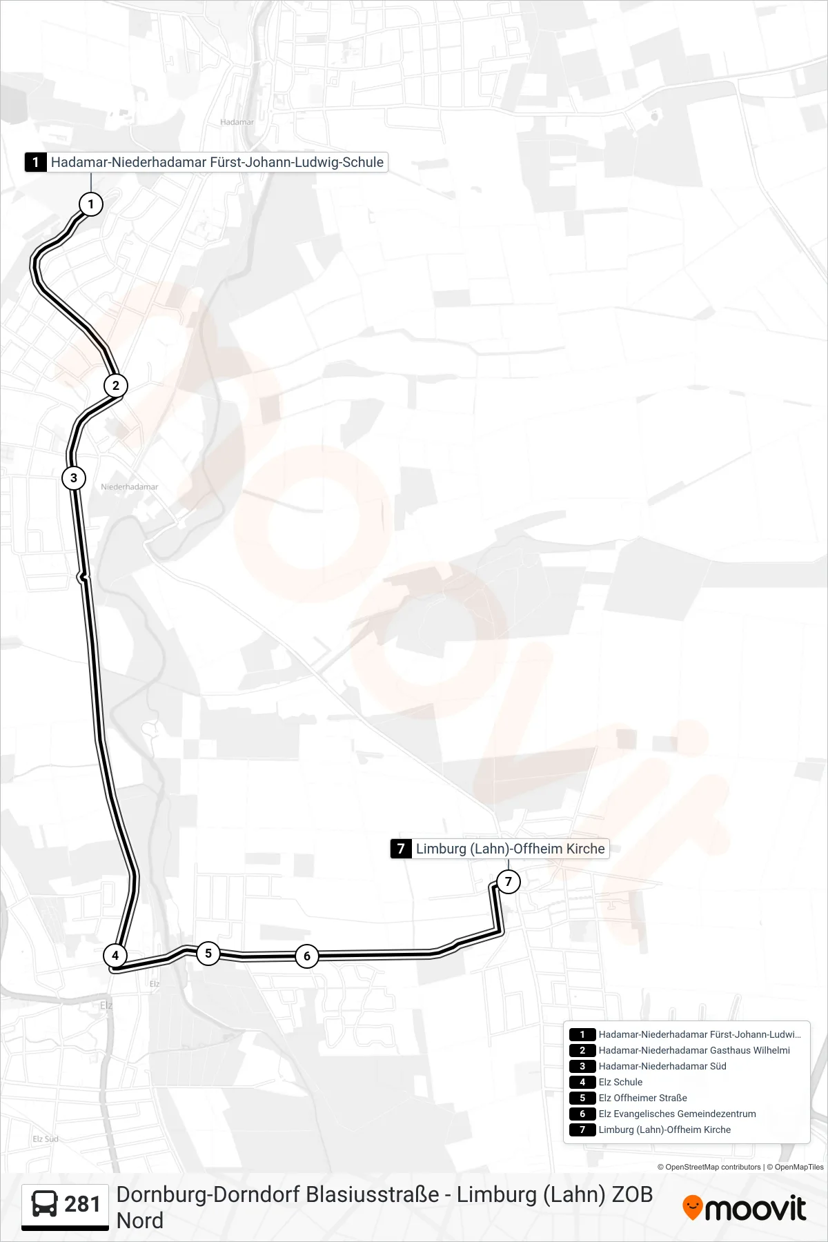 281 bus Line (Limburg (Lahn)-Offheim Kirche) route and stops on a map