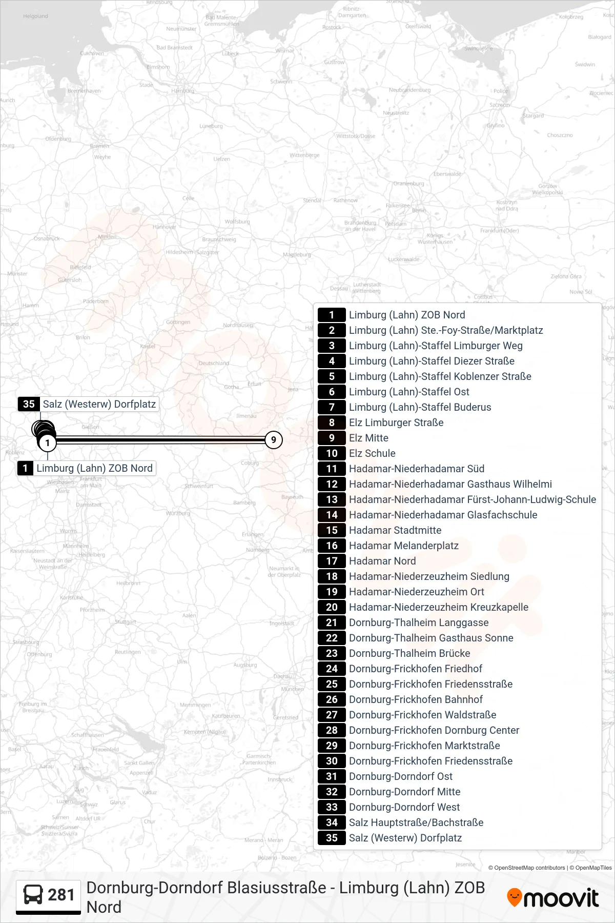 281 bus Line (Salz (Westerw) Dorfplatz) route and stops on a map