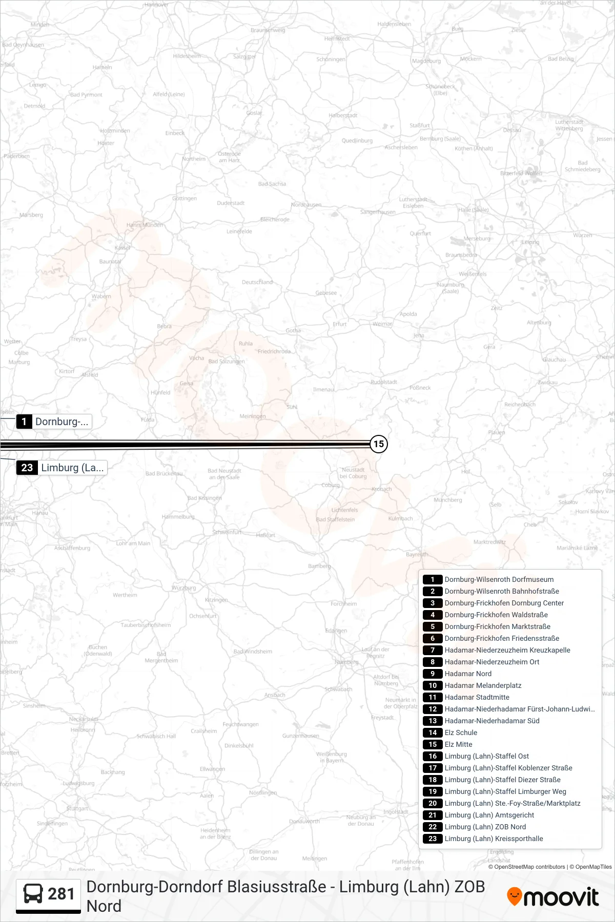 281 bus Line (Limburg (Lahn) Kreissporthalle) route and stops on a map