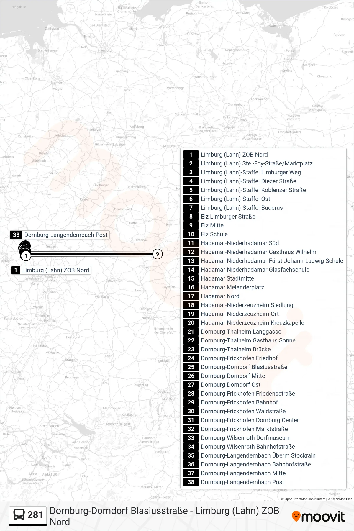 Linie 281 (Bus) Richtung Dornburg-Langendernbach Post: Route und Haltestellen auf der Karte