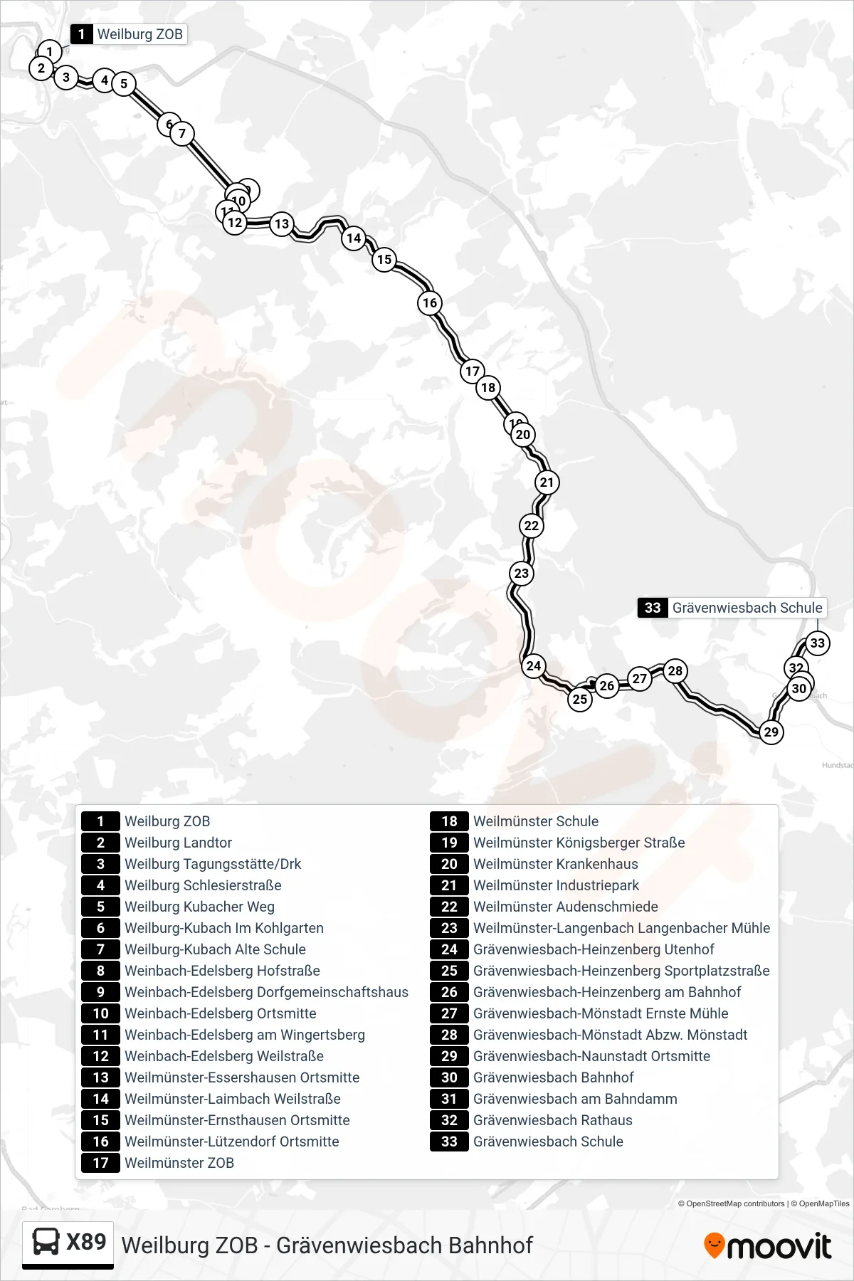 Linie X89 (Bus) Richtung Grävenwiesbach Schule: Route und Haltestellen auf der Karte