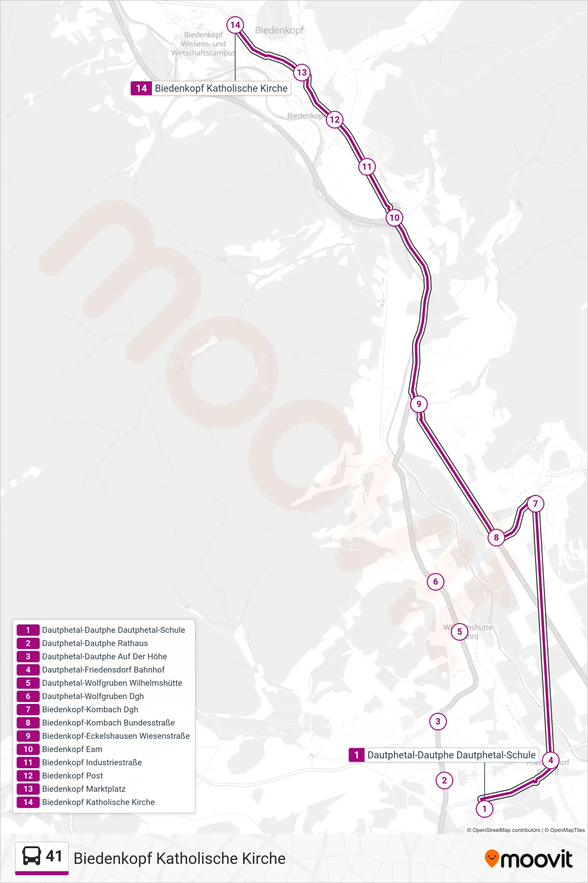 41 bus Line (Biedenkopf Katholische Kirche) route and stops on a map