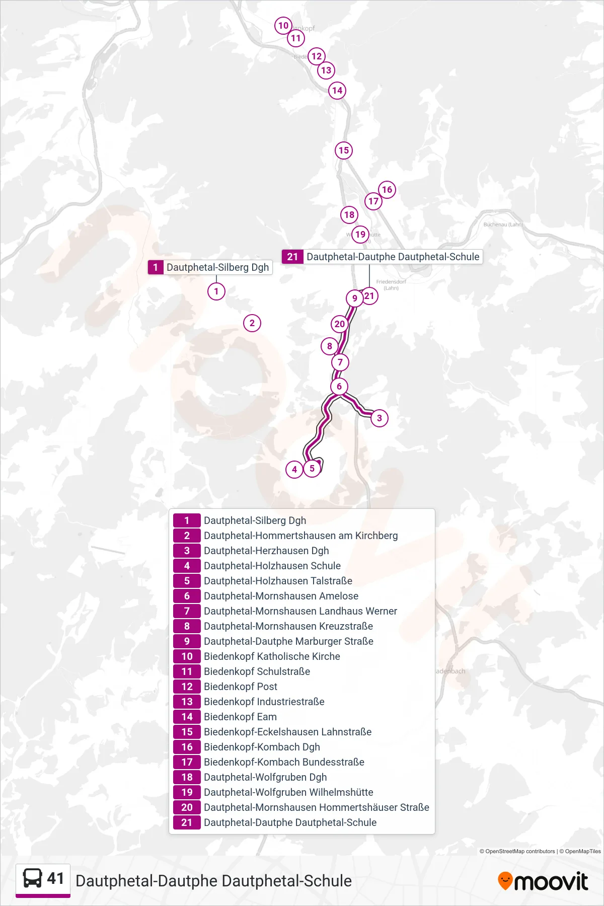 Linie 41 (Bus) Richtung Dautphetal-Dautphe Dautphetal-Schule: Route und Haltestellen auf der Karte