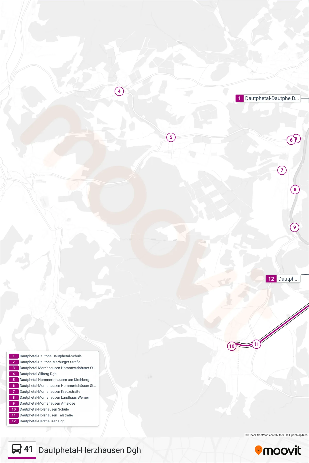41 bus Line (Dautphetal-Herzhausen Dgh) route and stops on a map