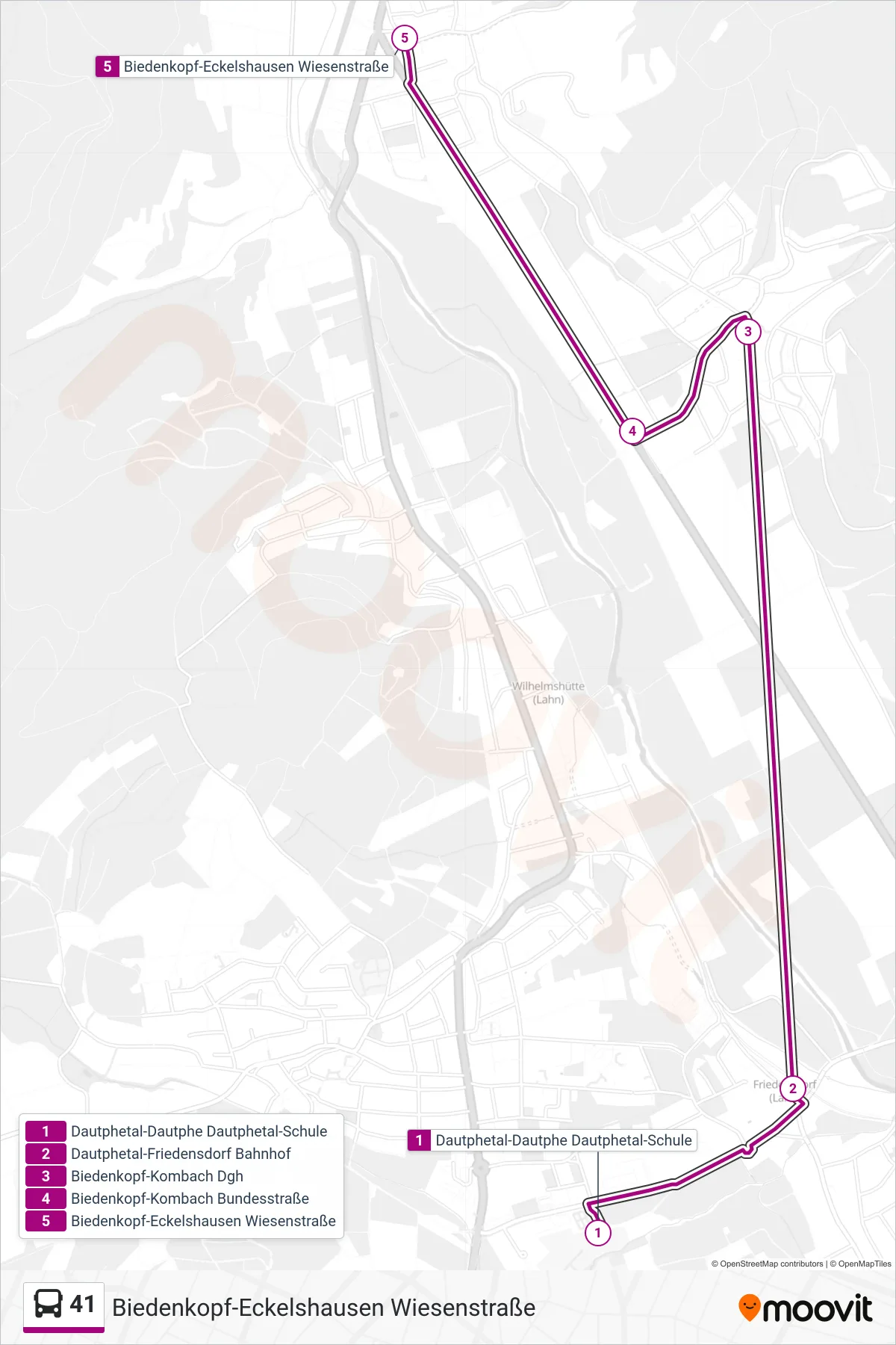 41 bus Line (Biedenkopf-Eckelshausen Wiesenstraße) route and stops on a map