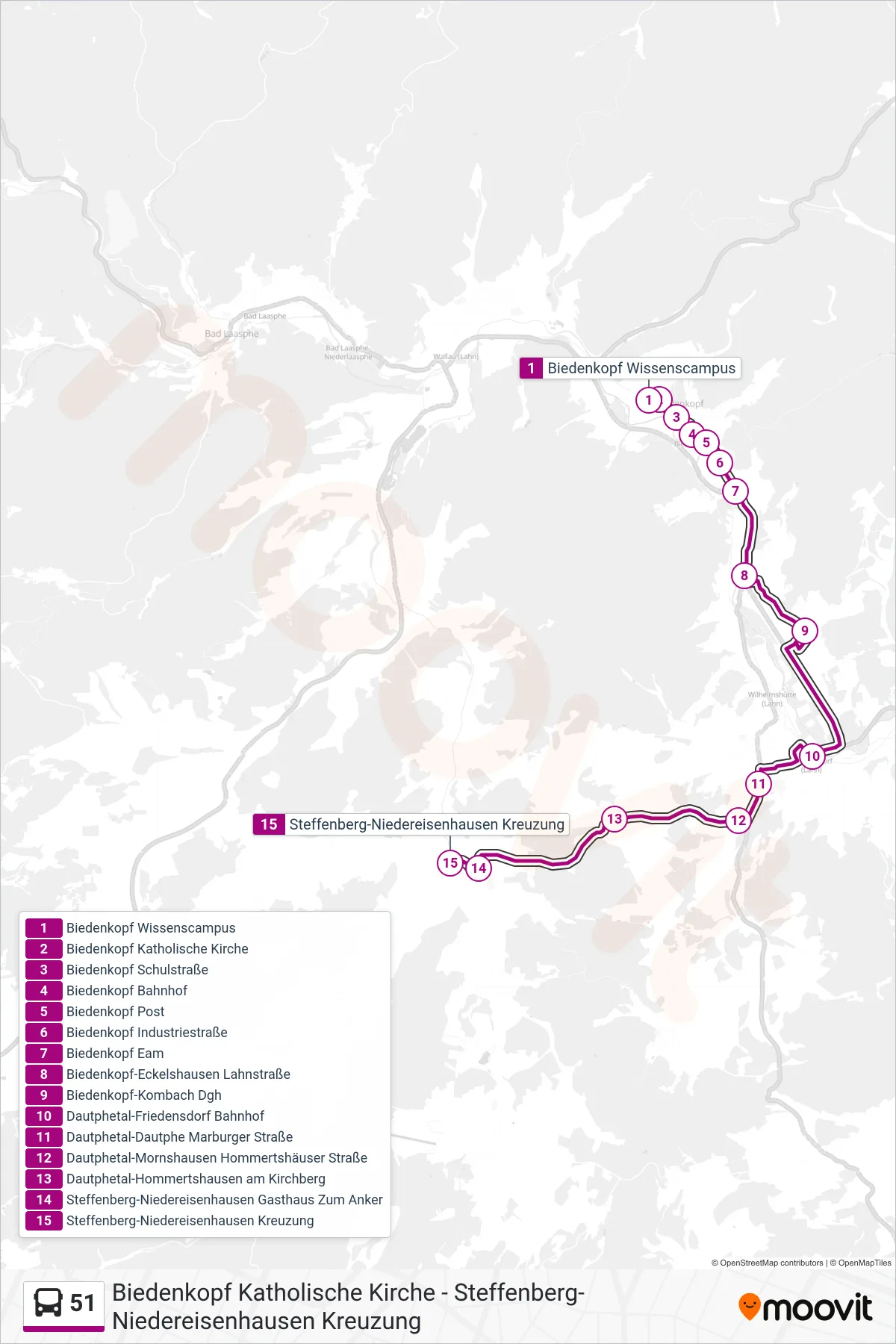 51 bus Line (Steffenberg-Niedereisenhausen Kreuzung) route and stops on a map