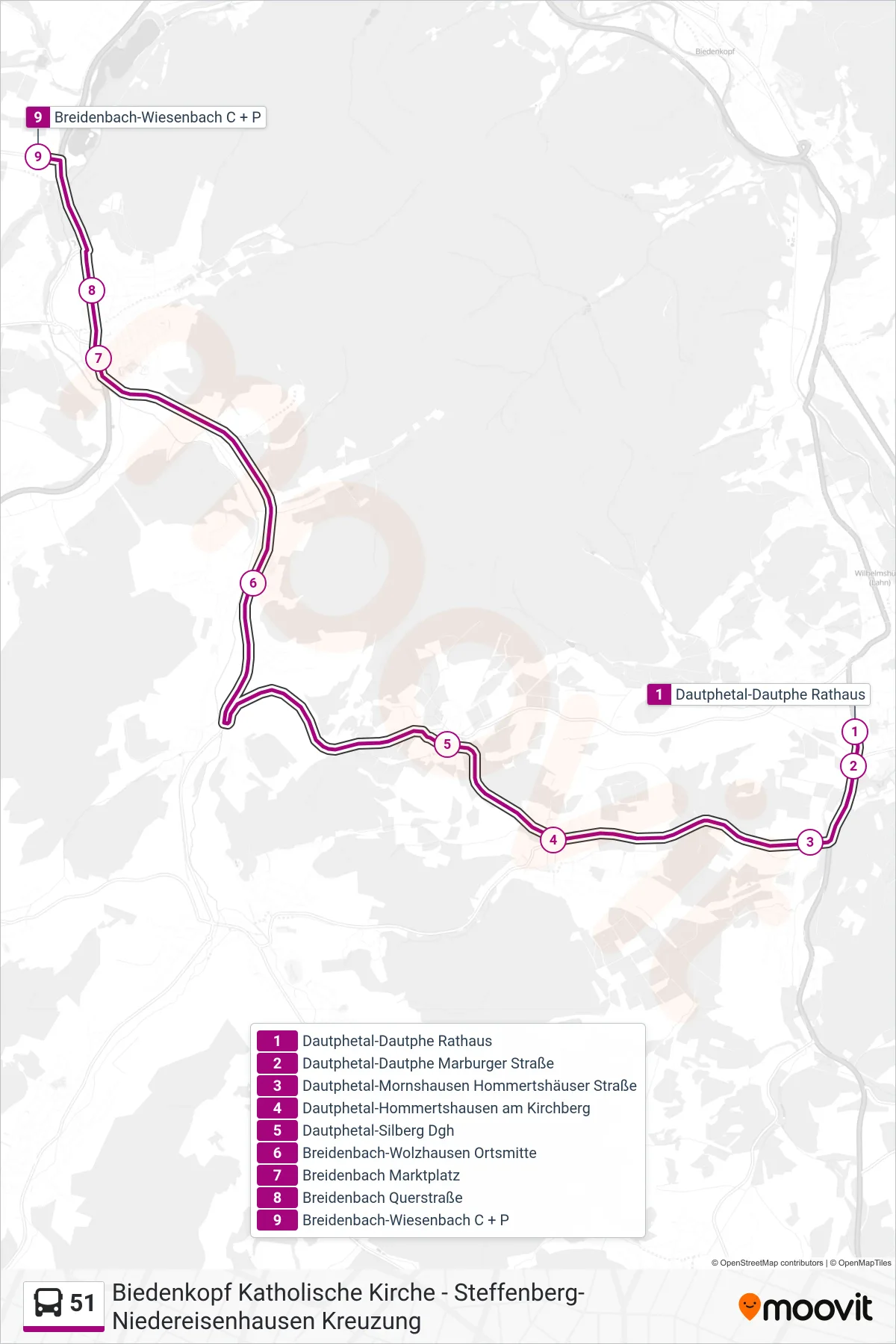 Linie 51 (Bus) Richtung Breidenbach-Wiesenbach C + P: Route und Haltestellen auf der Karte