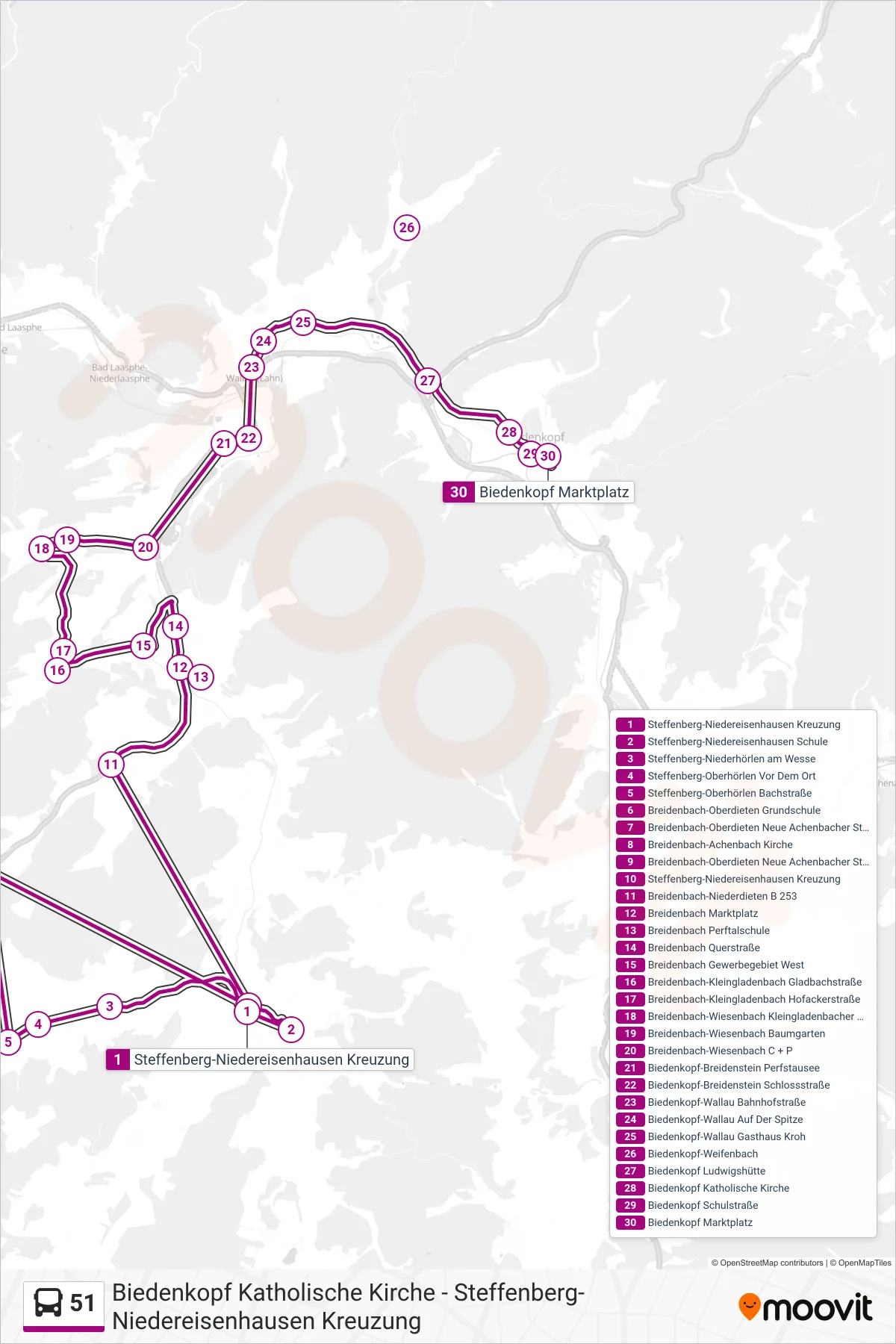 51 bus Line (Biedenkopf Marktplatz) route and stops on a map