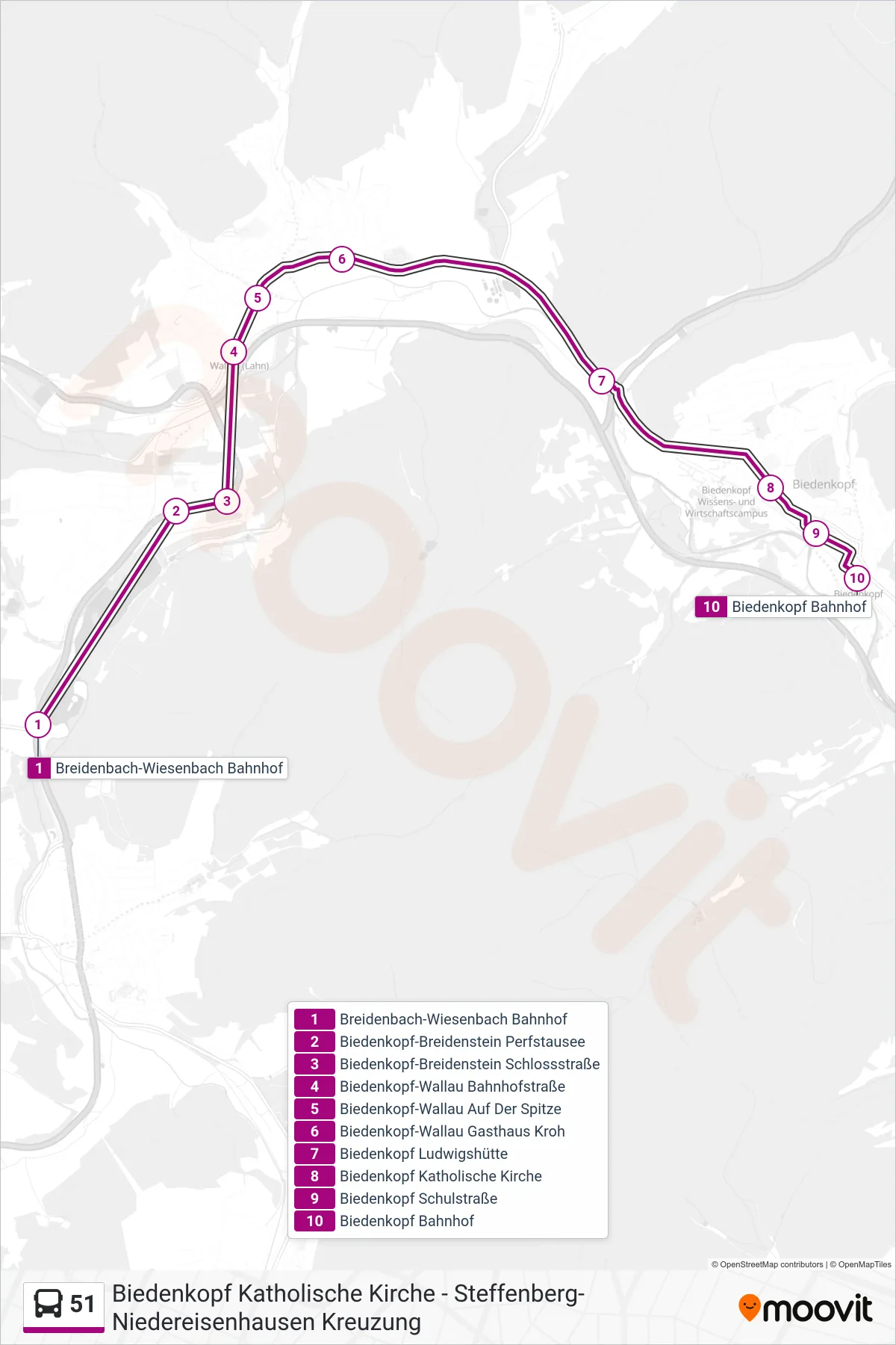 51 bus Line (Biedenkopf Bahnhof) route and stops on a map