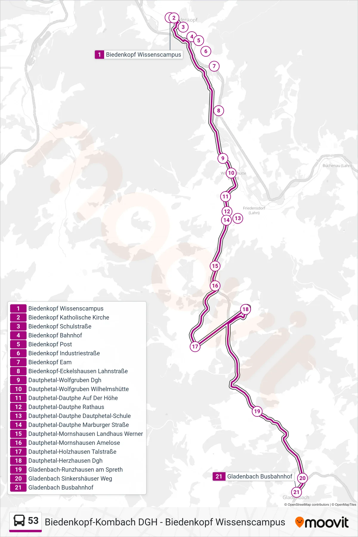 53 bus Line (Gladenbach Busbahnhof) route and stops on a map