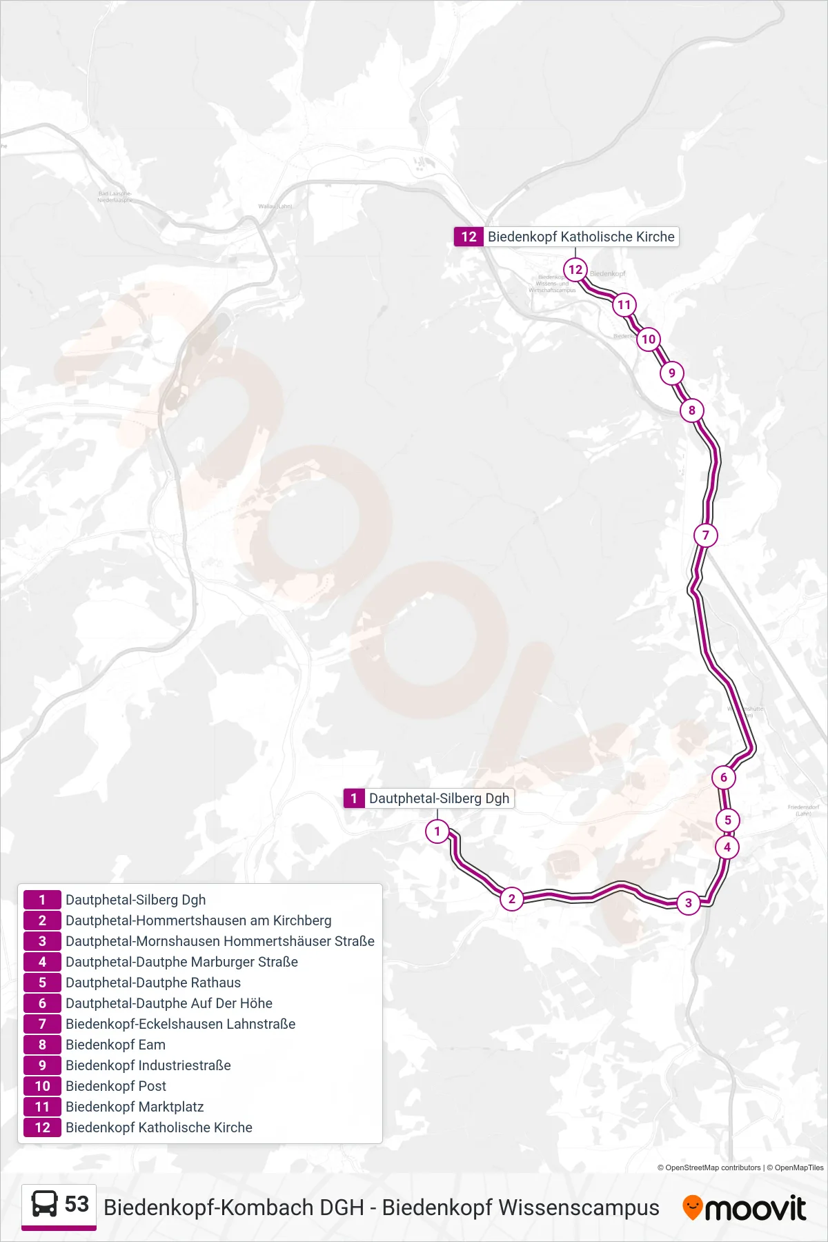53 bus Line (Biedenkopf Katholische Kirche) route and stops on a map