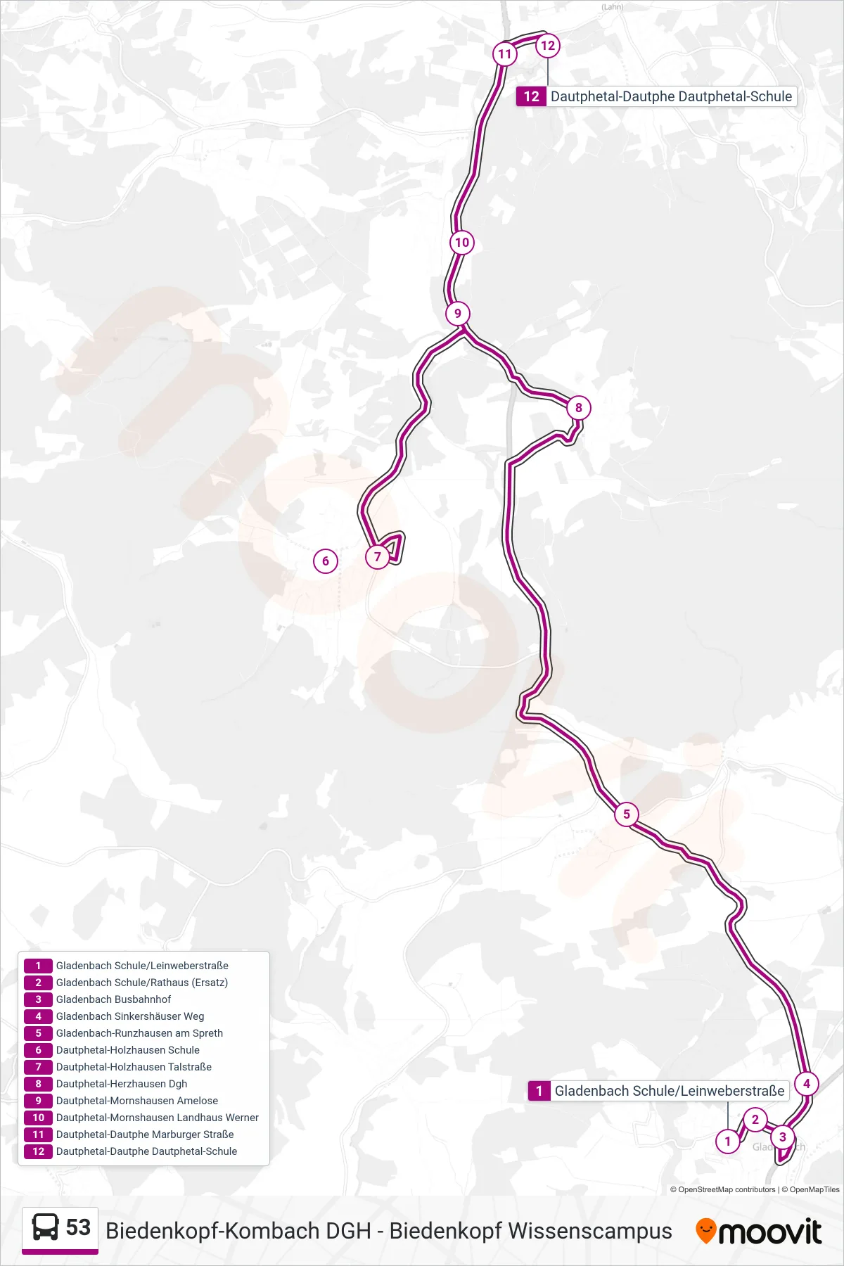 53 bus Line (Dautphetal-Dautphe Dautphetal-Schule) route and stops on a map