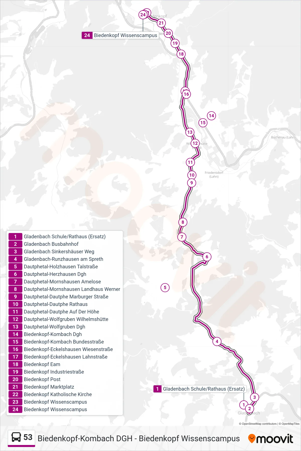 Linie 53 (Bus) Richtung Biedenkopf Wissenscampus: Route und Haltestellen auf der Karte