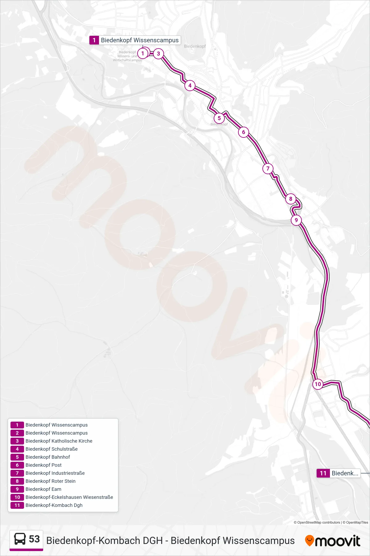 53 bus Line (Biedenkopf-Kombach Dgh) route and stops on a map