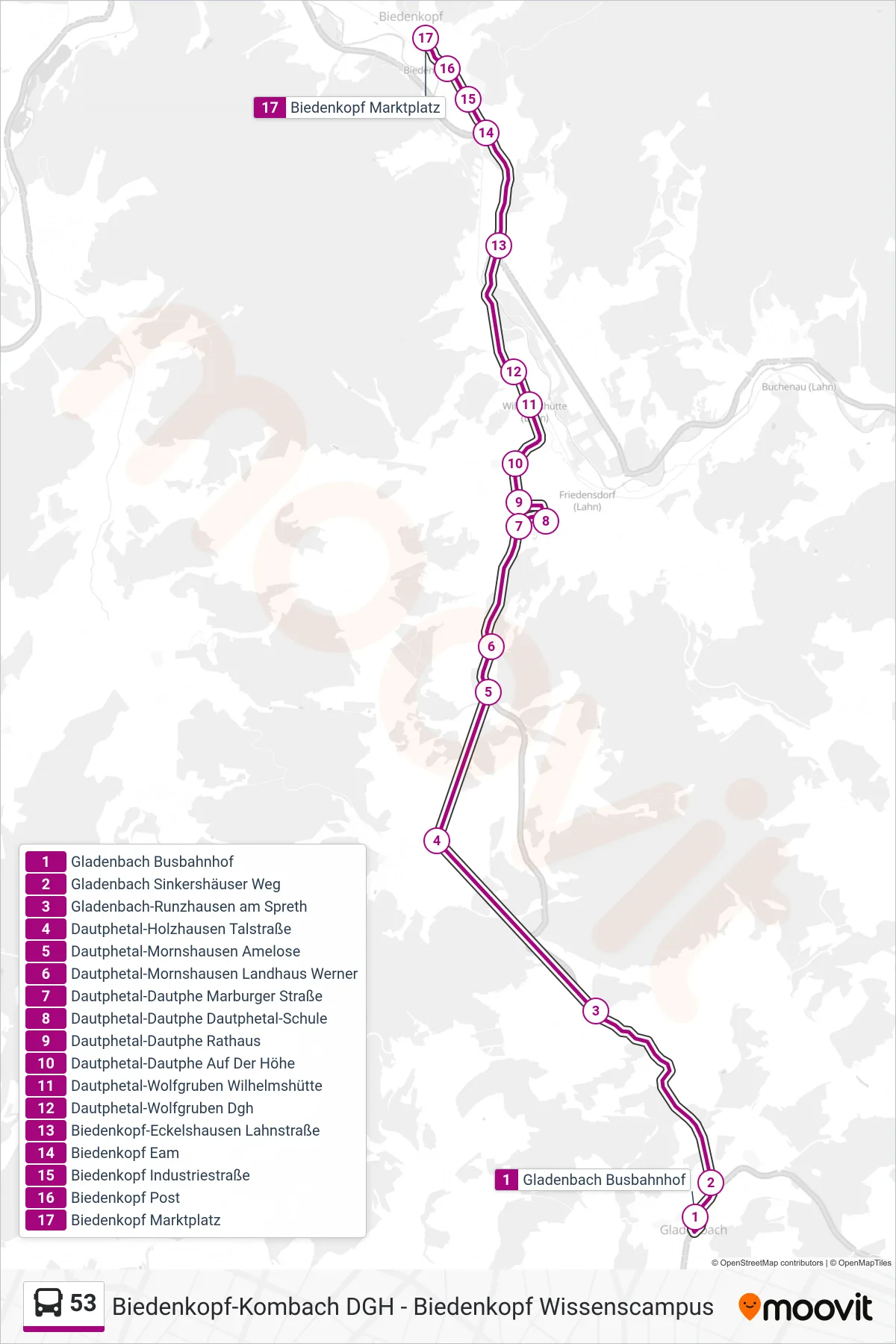 53 bus Line (Biedenkopf Marktplatz) route and stops on a map