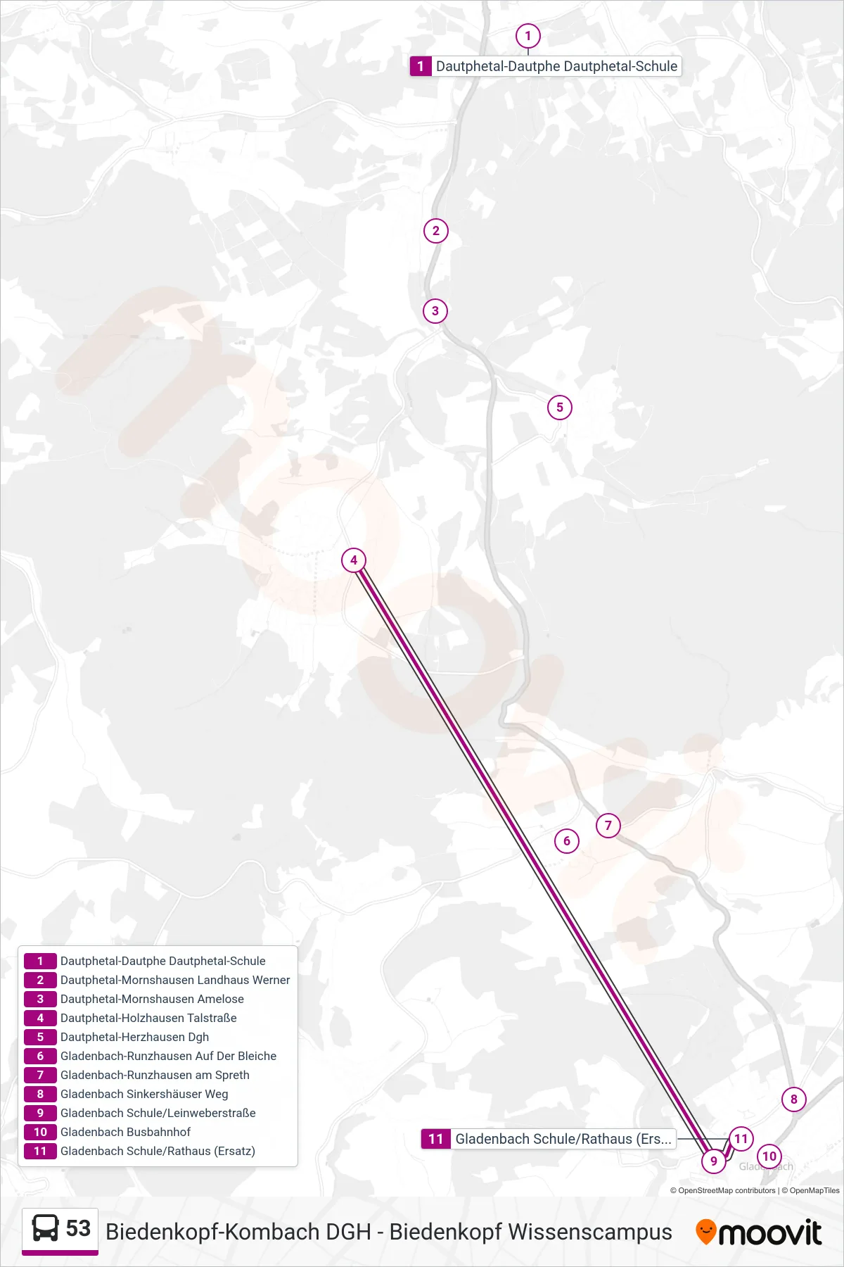 53 bus Line (Gladenbach Schule/Rathaus (Ersatz)) route and stops on a map