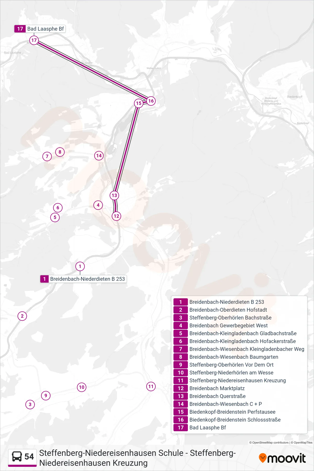 54 bus Line (Bad Laasphe Bf) route and stops on a map