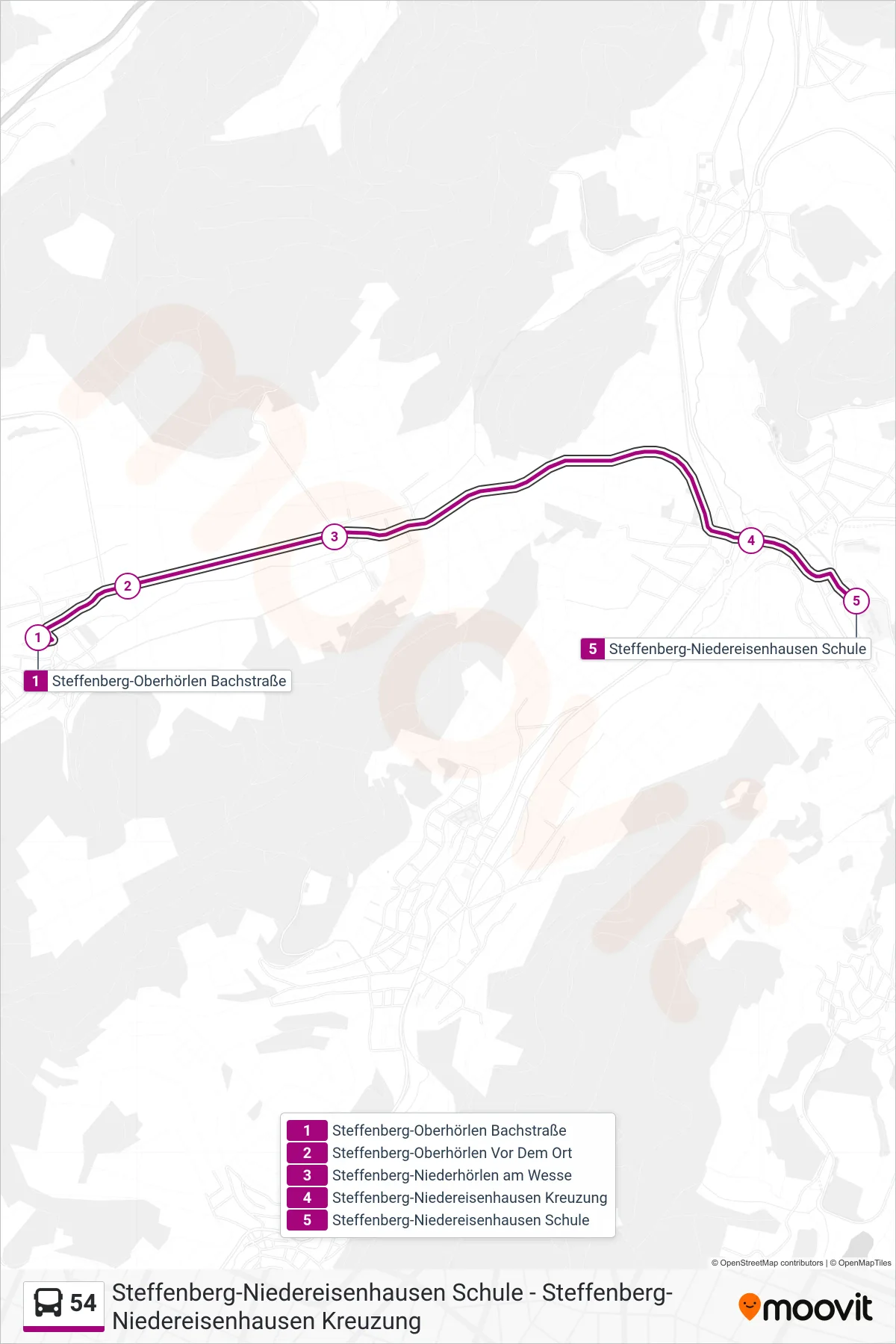 54 bus Line (Steffenberg-Niedereisenhausen Schule) route and stops on a map