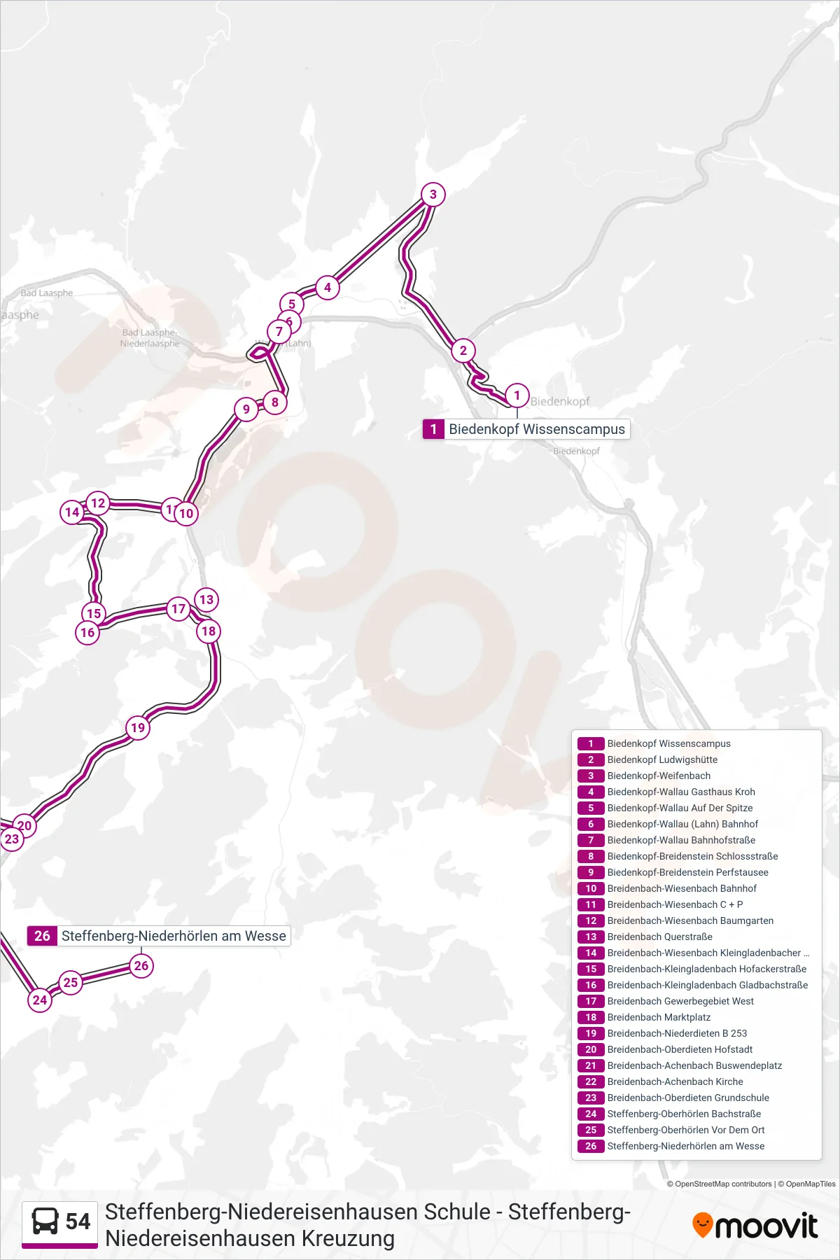 54 bus Line (Steffenberg-Niederhörlen am Wesse) route and stops on a map