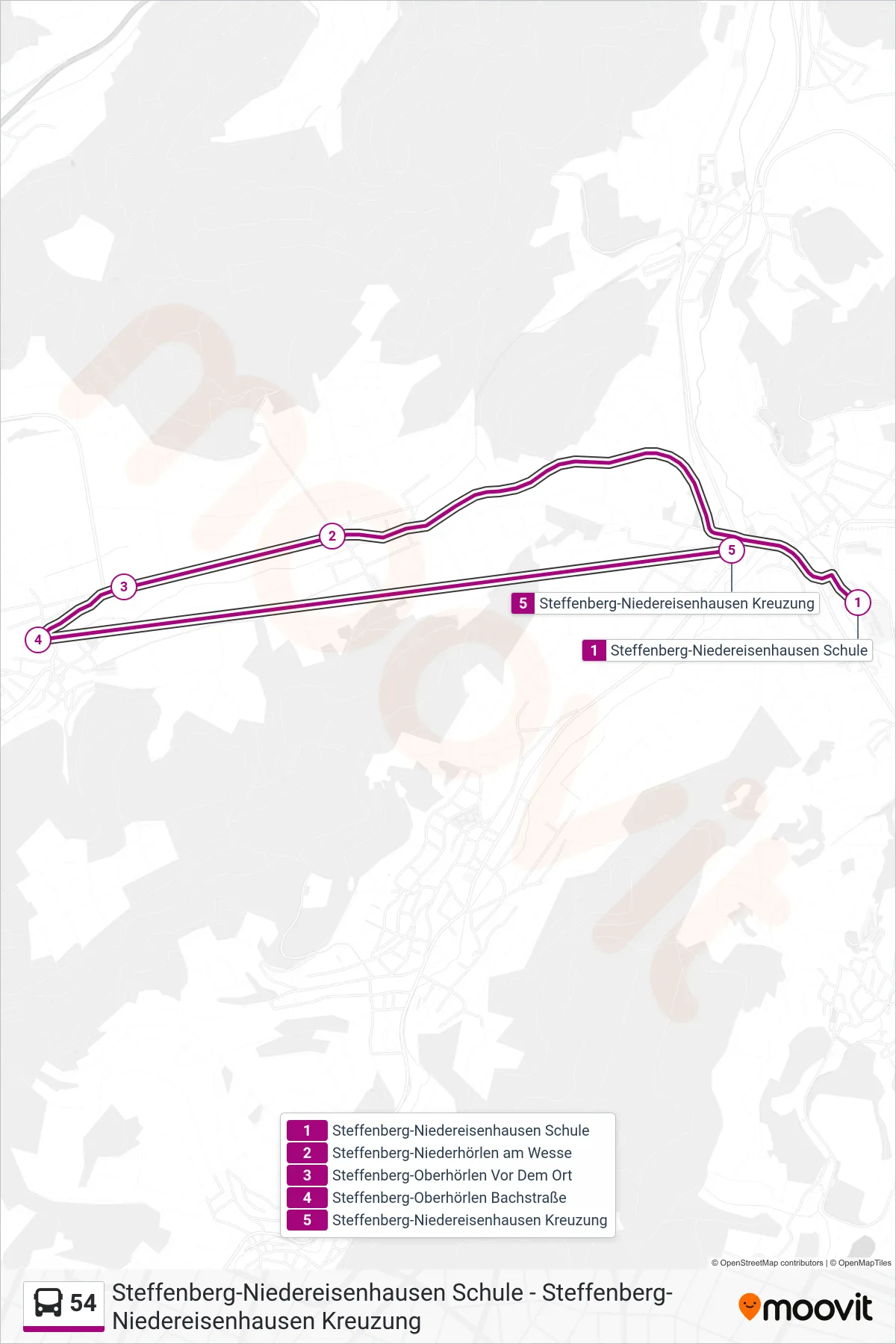 54 bus Line (Steffenberg-Niedereisenhausen Kreuzung) route and stops on a map
