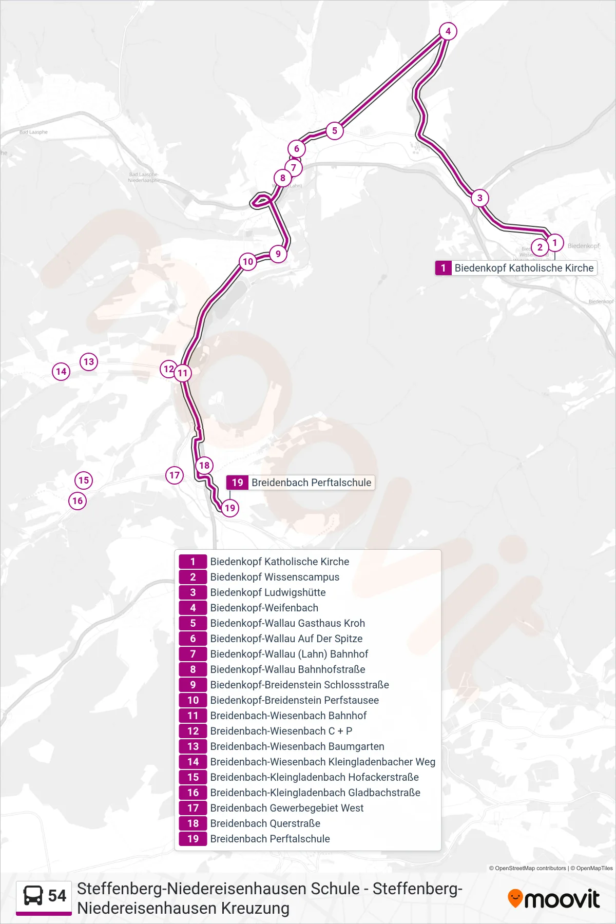 Linie 54 (Bus) Richtung Breidenbach Perftalschule: Route und Haltestellen auf der Karte