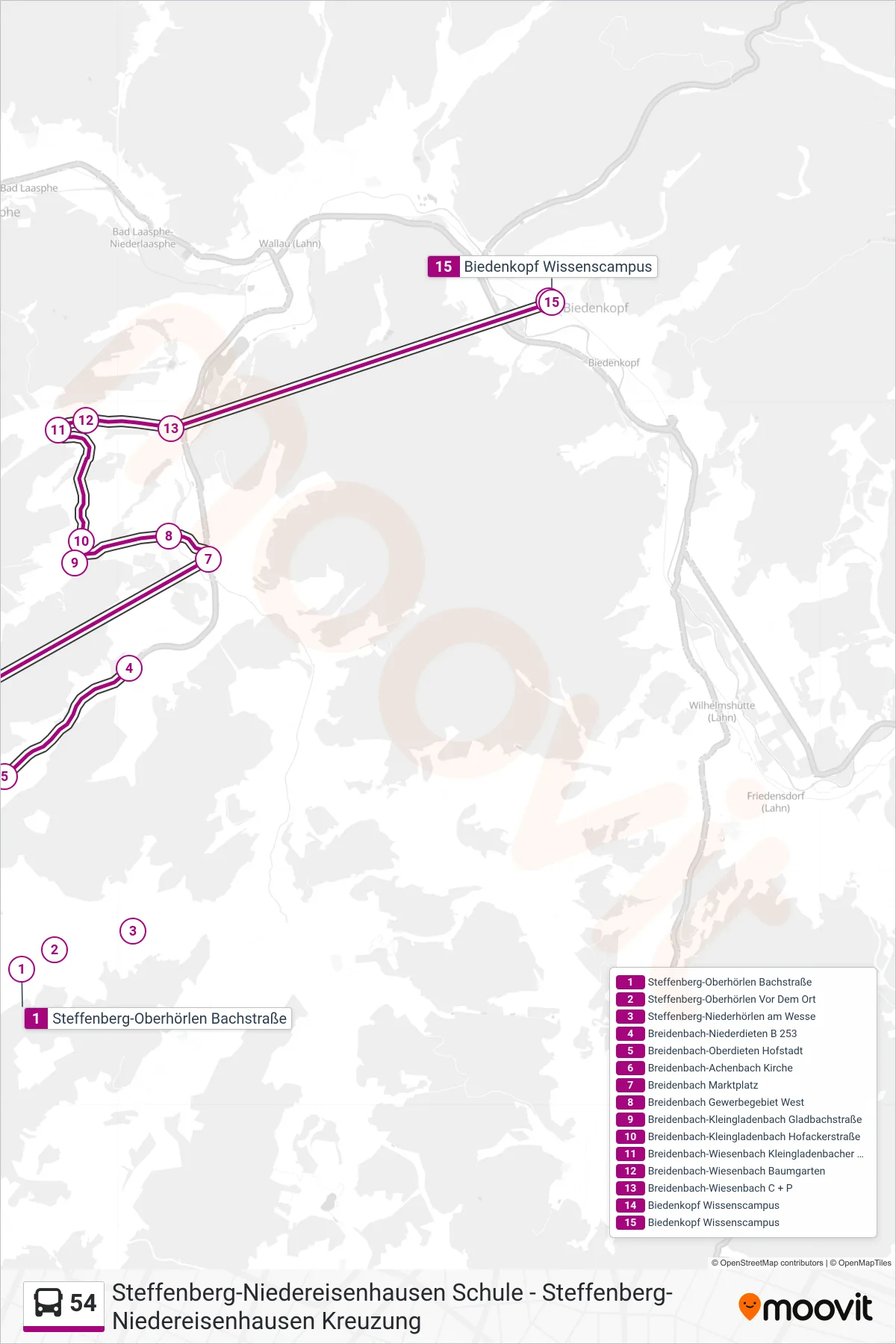 54 bus Line (Biedenkopf Wissenscampus) route and stops on a map