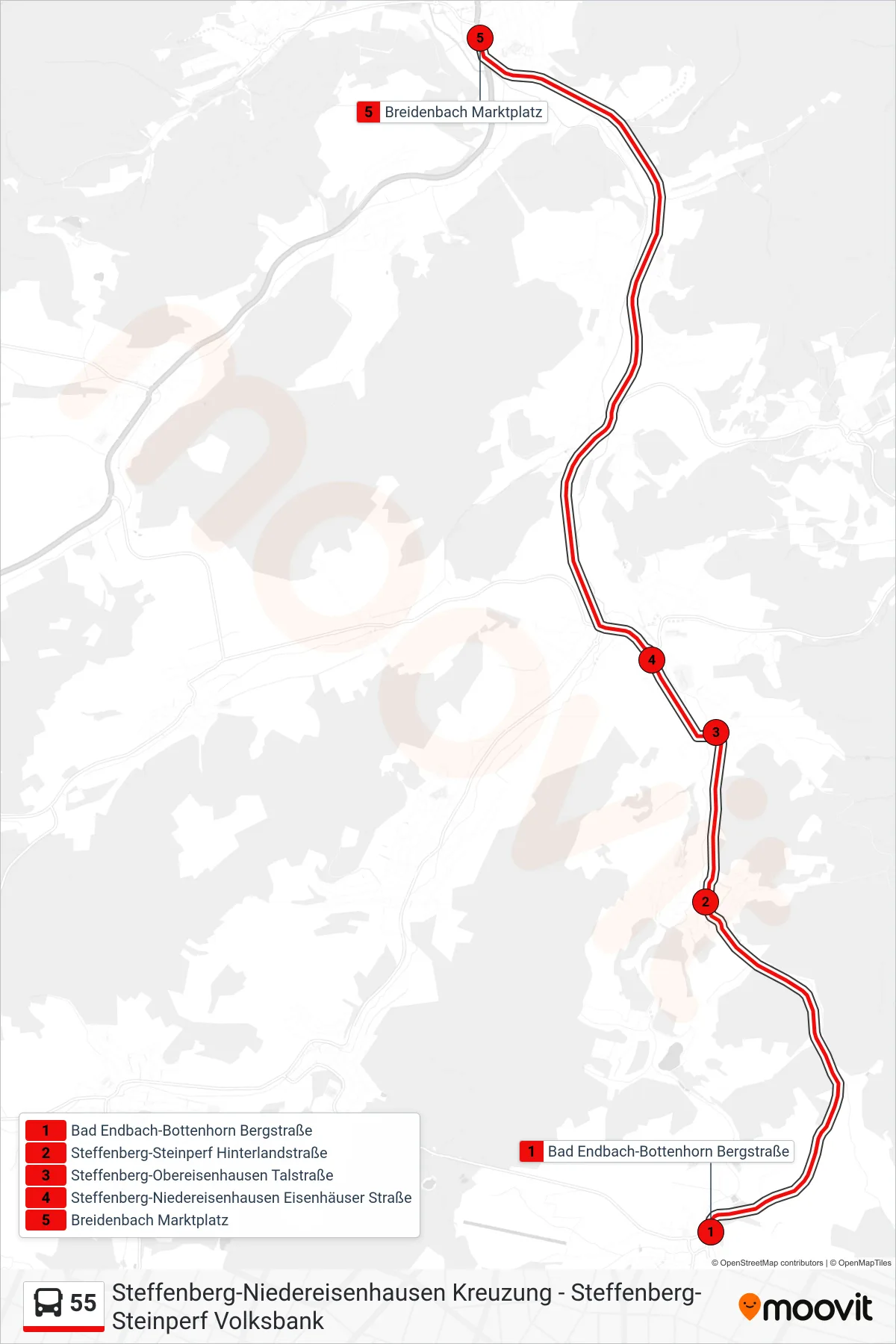 55 bus Line (Breidenbach Marktplatz) route and stops on a map