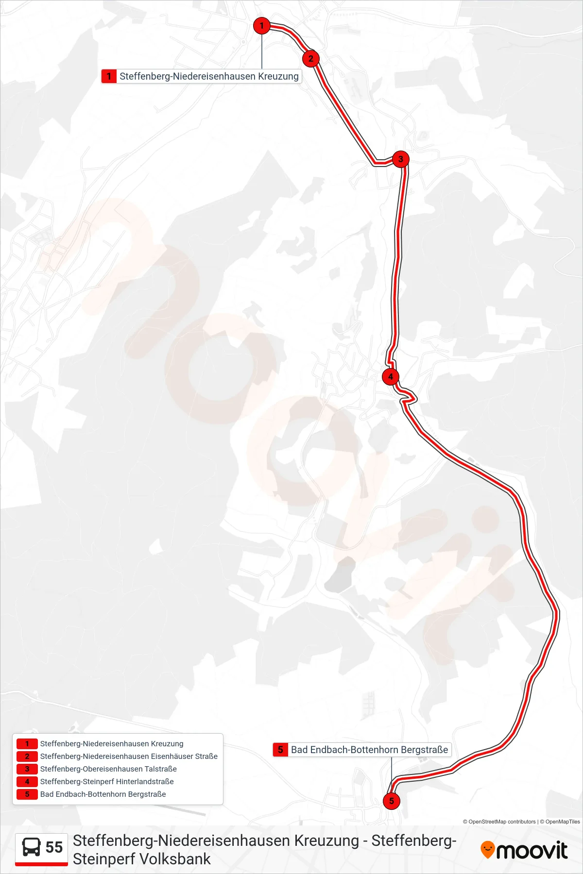 55 bus Line (Bad Endbach-Bottenhorn Bergstraße) route and stops on a map
