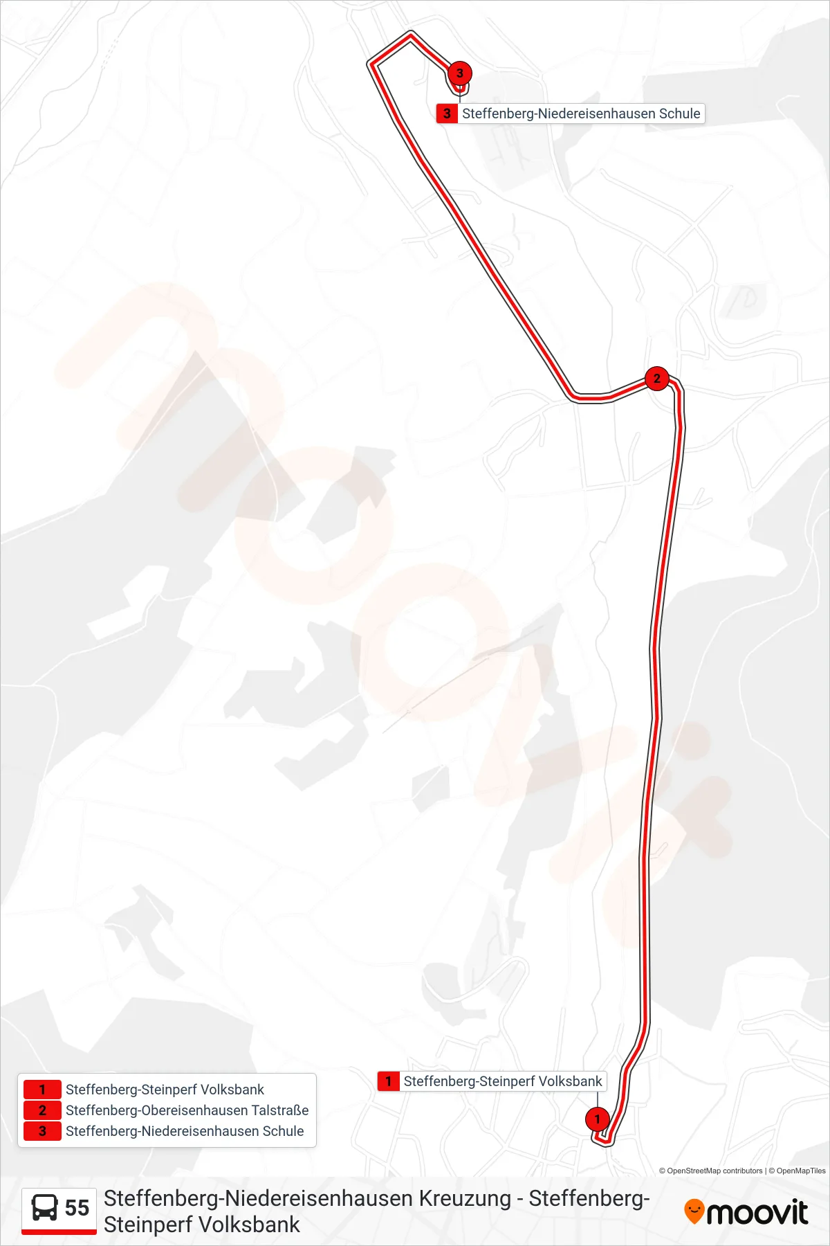 55 bus Line (Steffenberg-Niedereisenhausen Schule) route and stops on a map