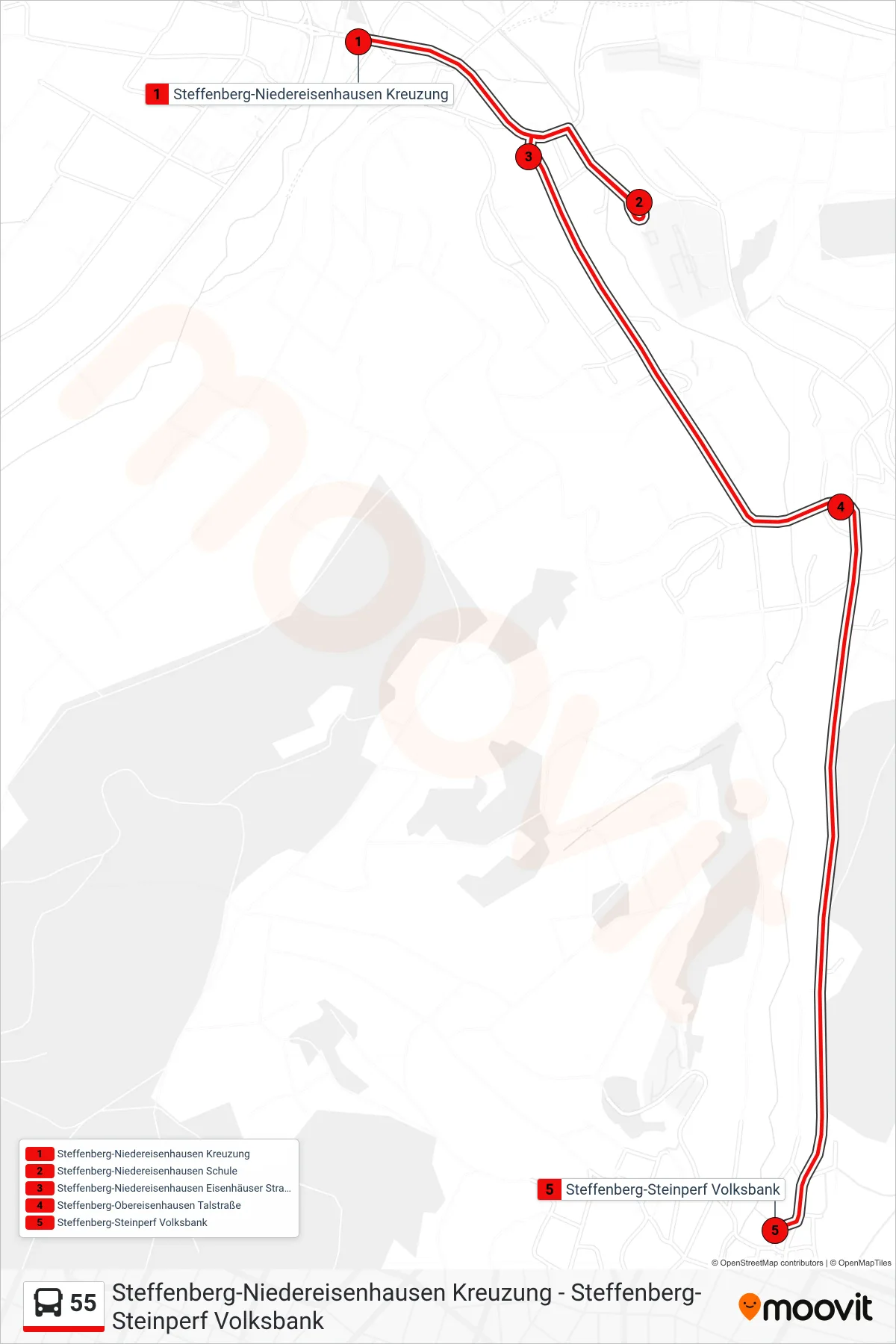 55 bus Line (Steffenberg-Steinperf Volksbank) route and stops on a map