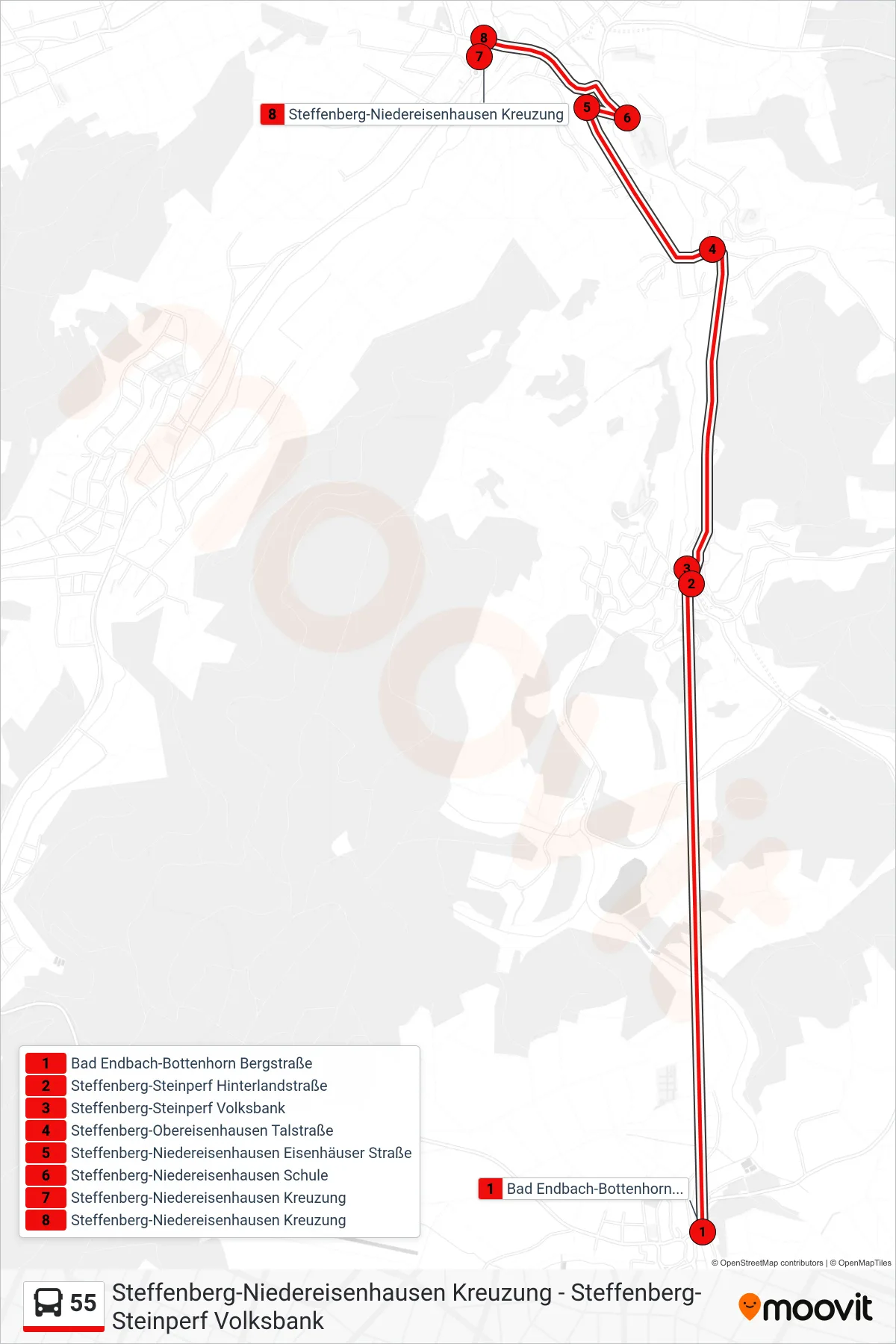Linie 55 (Bus) Richtung Steffenberg-Niedereisenhausen Kreuzung: Route und Haltestellen auf der Karte