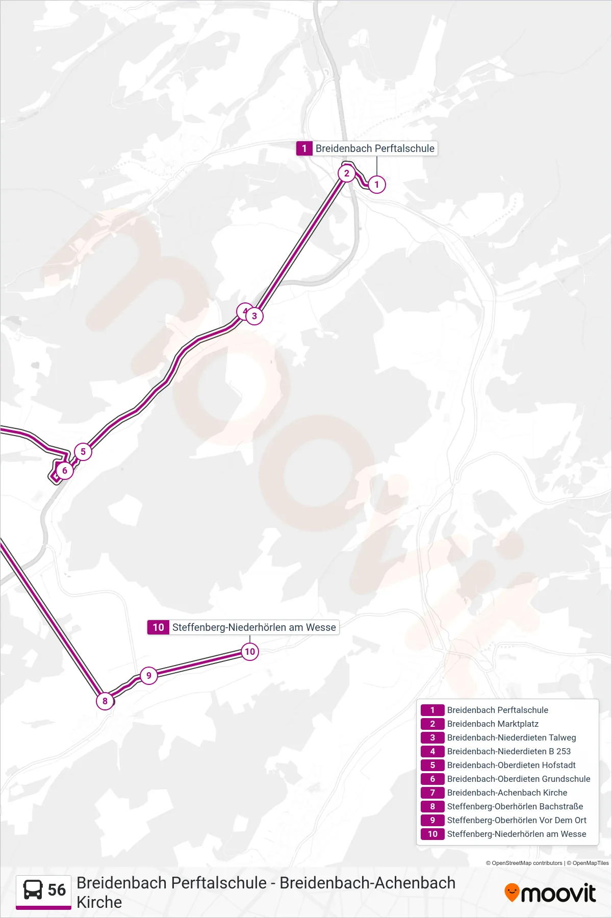 56 bus Line (Steffenberg-Niederhörlen am Wesse) route and stops on a map