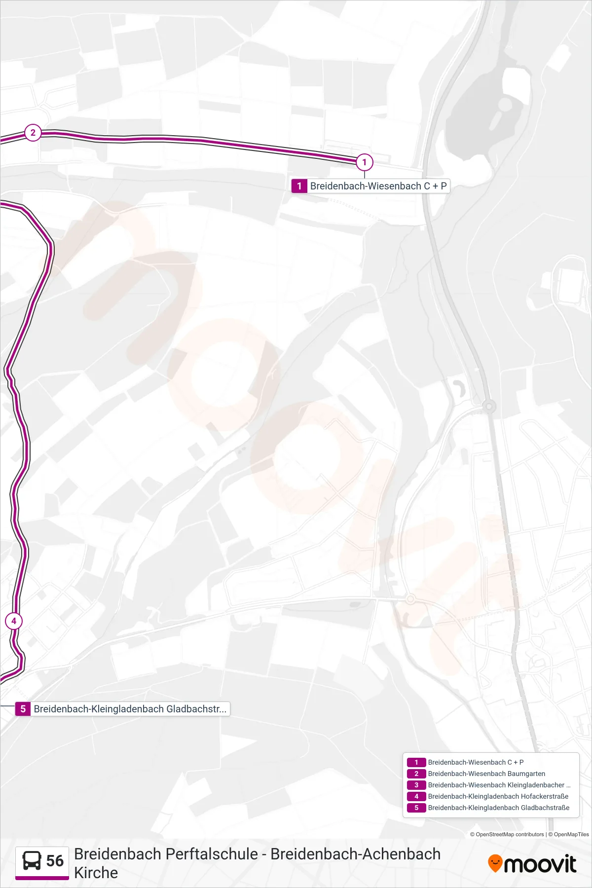 56 bus Line (Breidenbach-Kleingladenbach Gladbachstraße) route and stops on a map