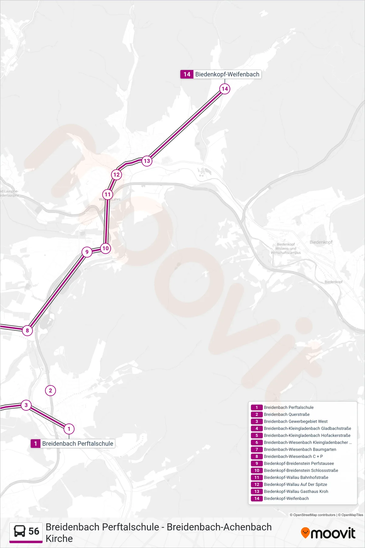 56 bus Line (Biedenkopf-Weifenbach) route and stops on a map