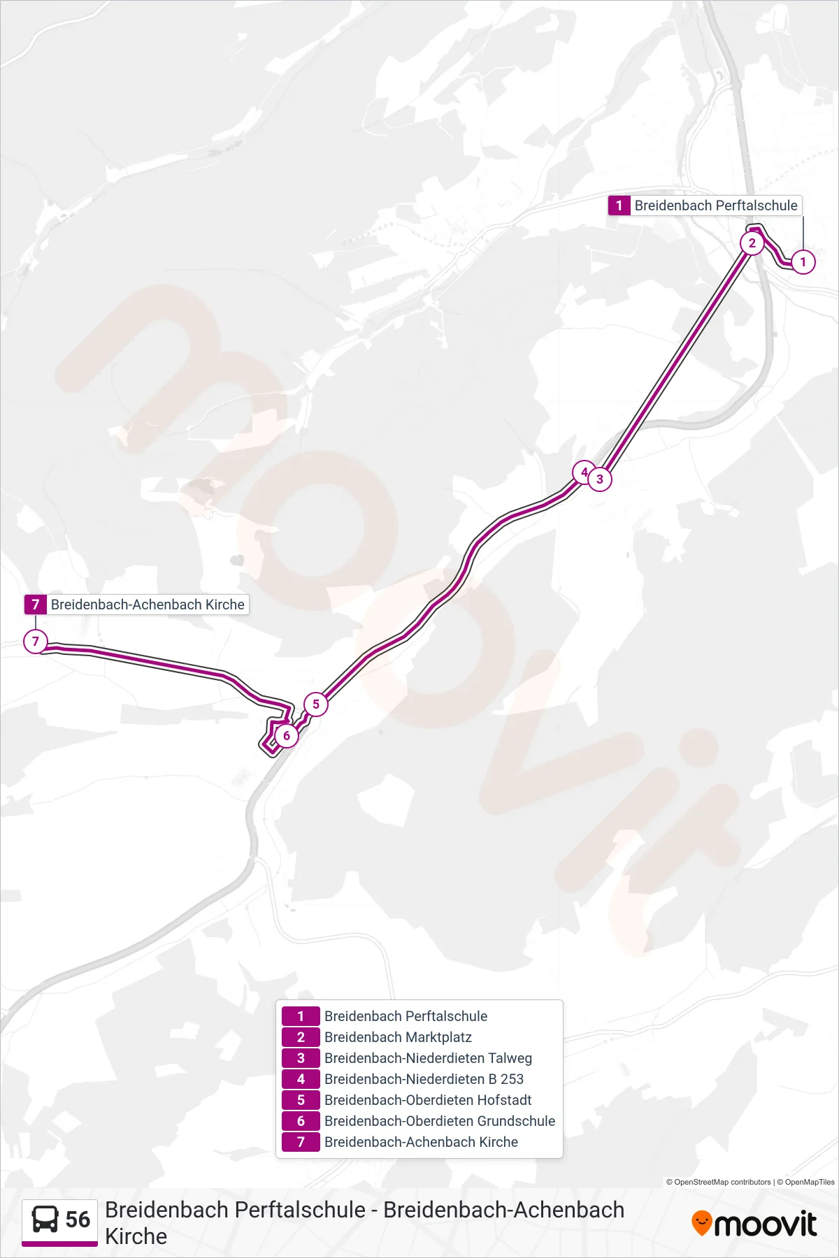 Linie 56 (Bus) Richtung Breidenbach-Achenbach Kirche: Route und Haltestellen auf der Karte