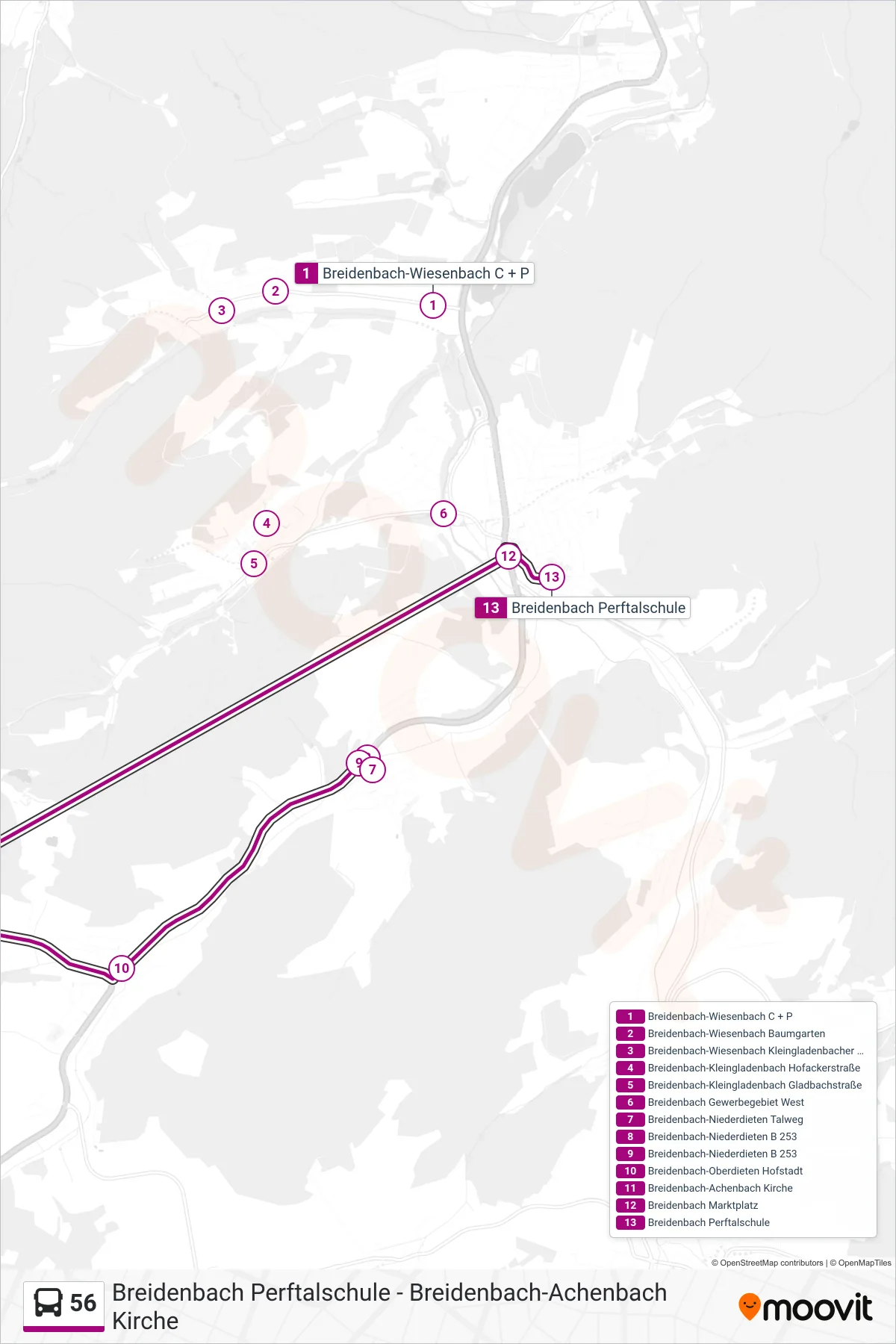 56 bus Line (Breidenbach Perftalschule) route and stops on a map