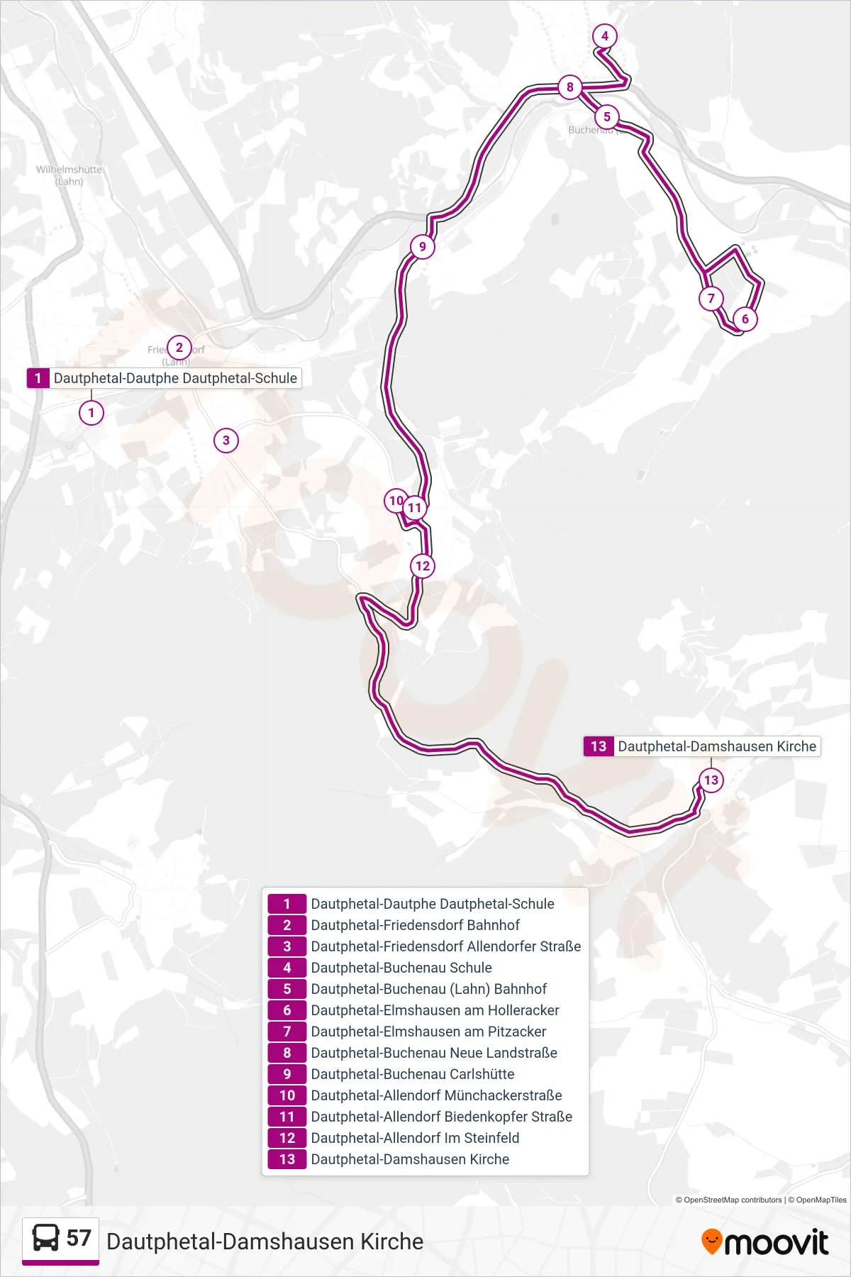 57 bus Line (Dautphetal-Damshausen Kirche) route and stops on a map