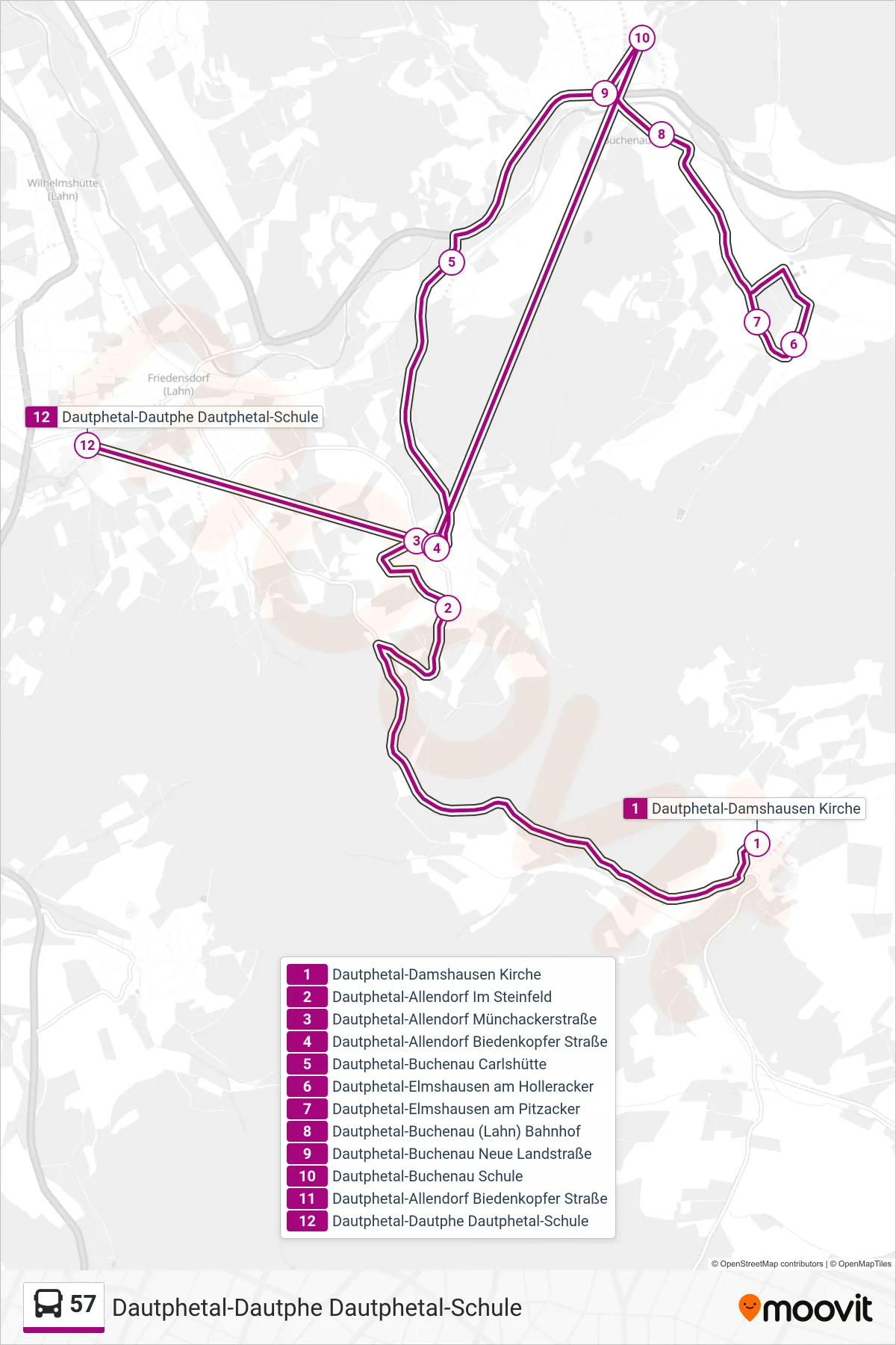 57 bus Line (Dautphetal-Dautphe Dautphetal-Schule) route and stops on a map
