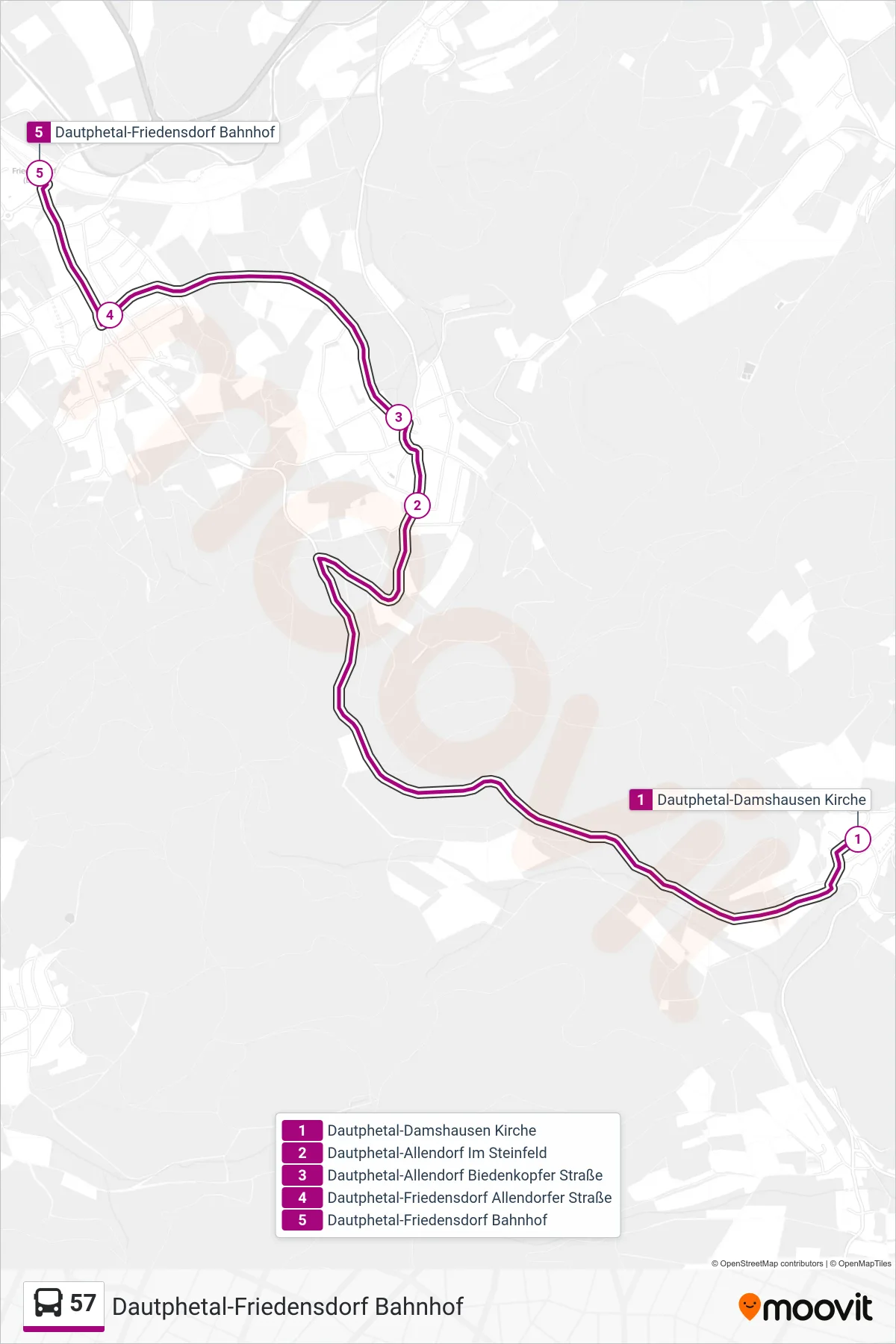 57 bus Line (Dautphetal-Friedensdorf Bahnhof) route and stops on a map