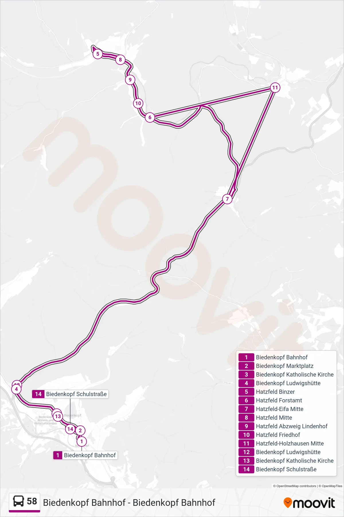 Linie 58 (Bus) Richtung Biedenkopf Bahnhof: Route und Haltestellen auf der Karte