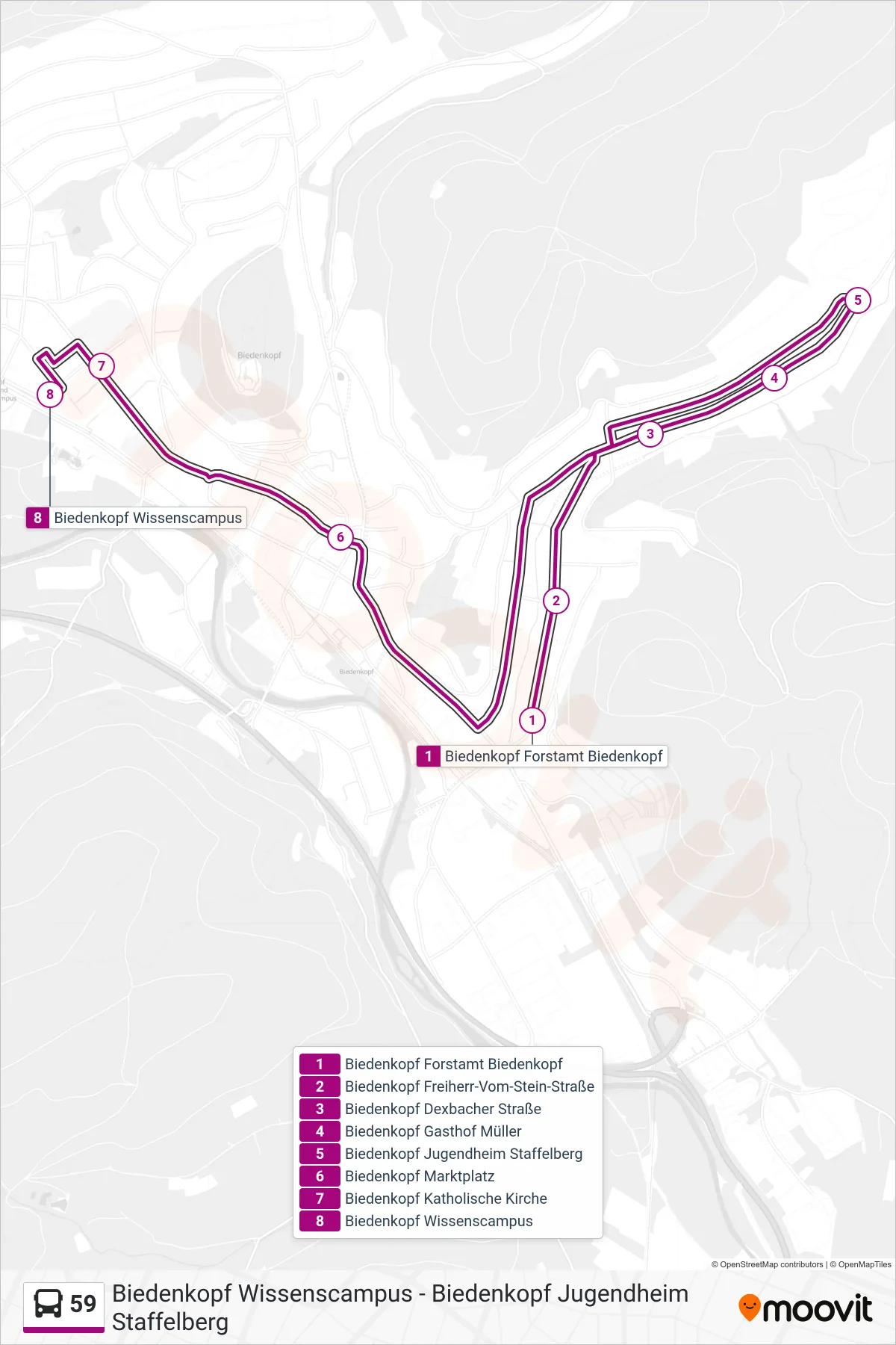 59 bus Line (Biedenkopf Wissenscampus) route and stops on a map
